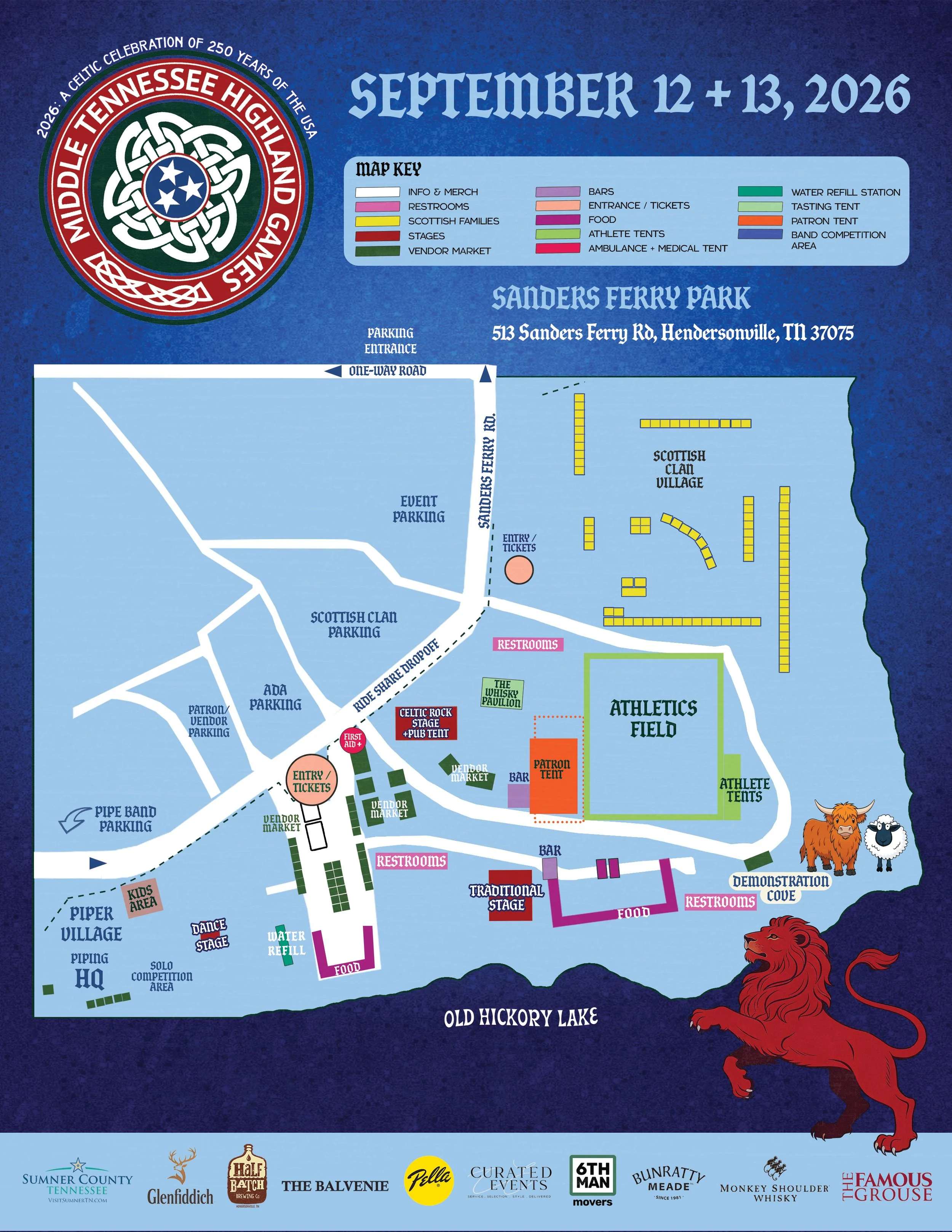 Map of Sanders Ferry Park event layout, showing various food and entertainment areas, parking zones, stages, restrooms, vendor markets, athletic tents, and lion and sheep mascots artwork, with legend and event details for September 12-13, 2026.