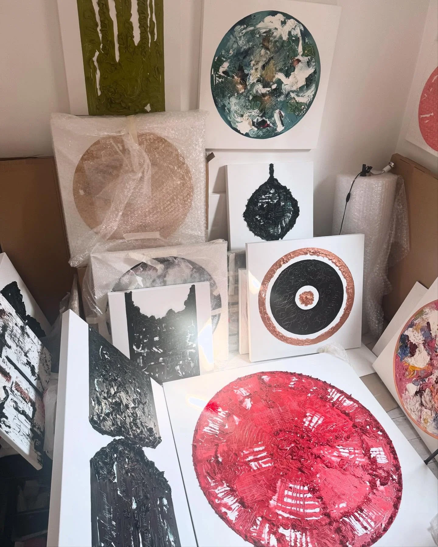 With so many paintings drying, the studio is almost impossible to enter!

While they do their thing I&rsquo;m concentrating on all the things I need to sort out for the Descent exhibition in September: writing blurbs, printing flyers, deciding on the