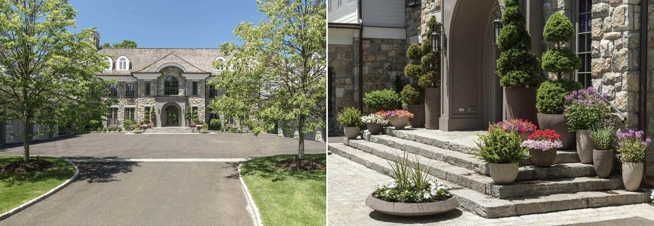 Two images of different angles of a stone house entryway