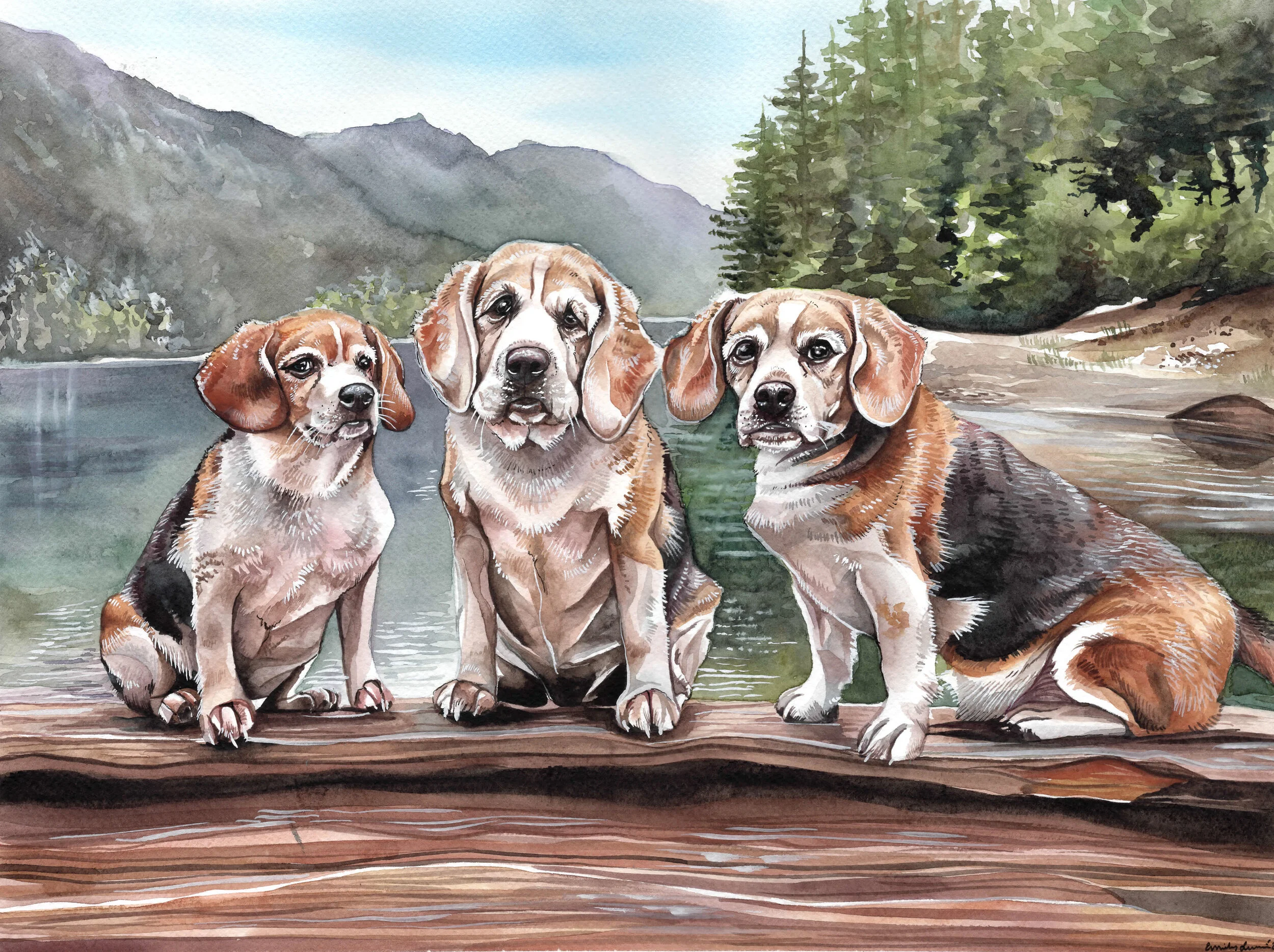 Beagle dogs on a log
