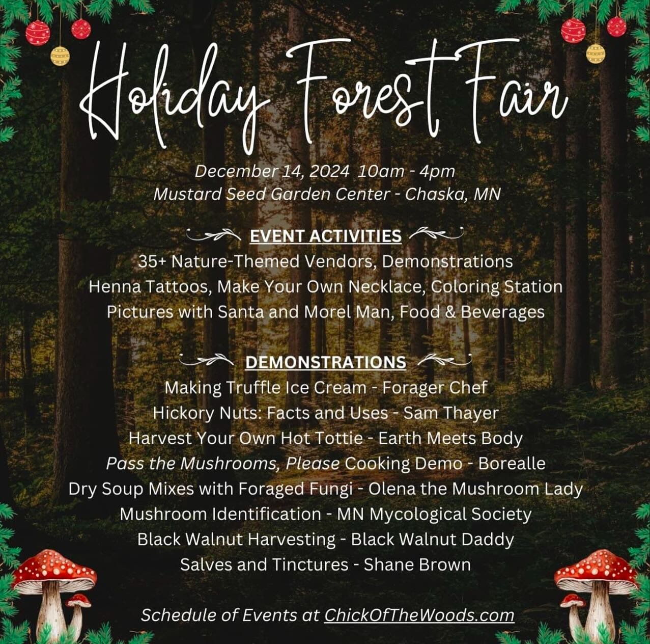 I am so excited to announce that Rustic Hills will be joining the third annual Holiday Forest Fair, hosted by @chick.of.the.woods! Join us on December 14 from 10 AM to 4 PM at the cozy greenhouses of @themustardseedinc garden center in Chaska, Minnes