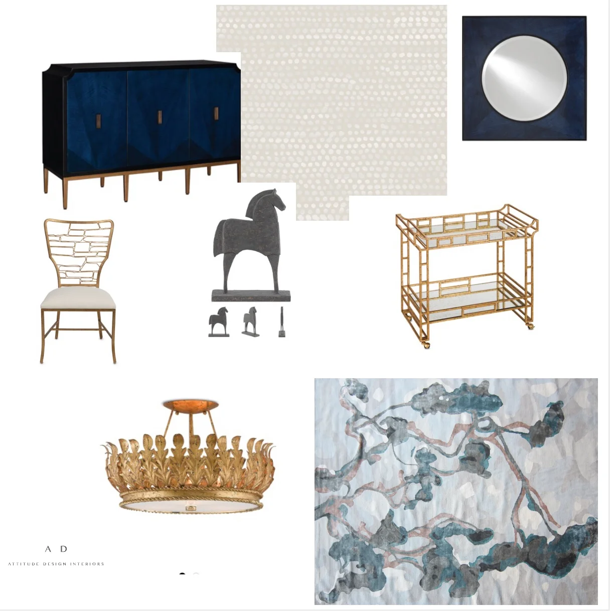 Some beautiful furniture and lighting from Currey & Company, gorgeous silk and wool Tibetan rug from Eskayel