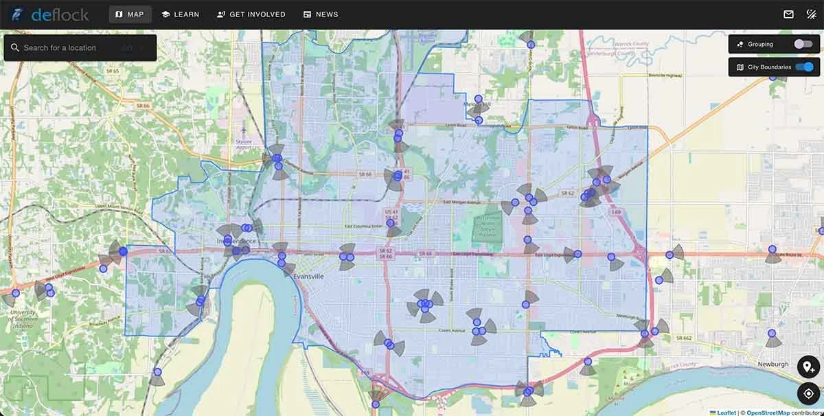 Map of ALPR readers in Evansville, Indiana