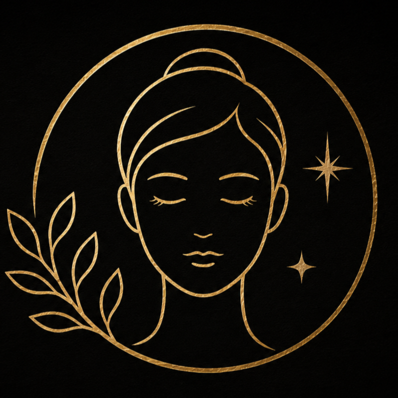 Spa Lumos aging and firmness skincare graphic representing treatments for fine lines, wrinkles, loss of elasticity, skin laxity, and collagen support with luxury gold line art on a black background.
