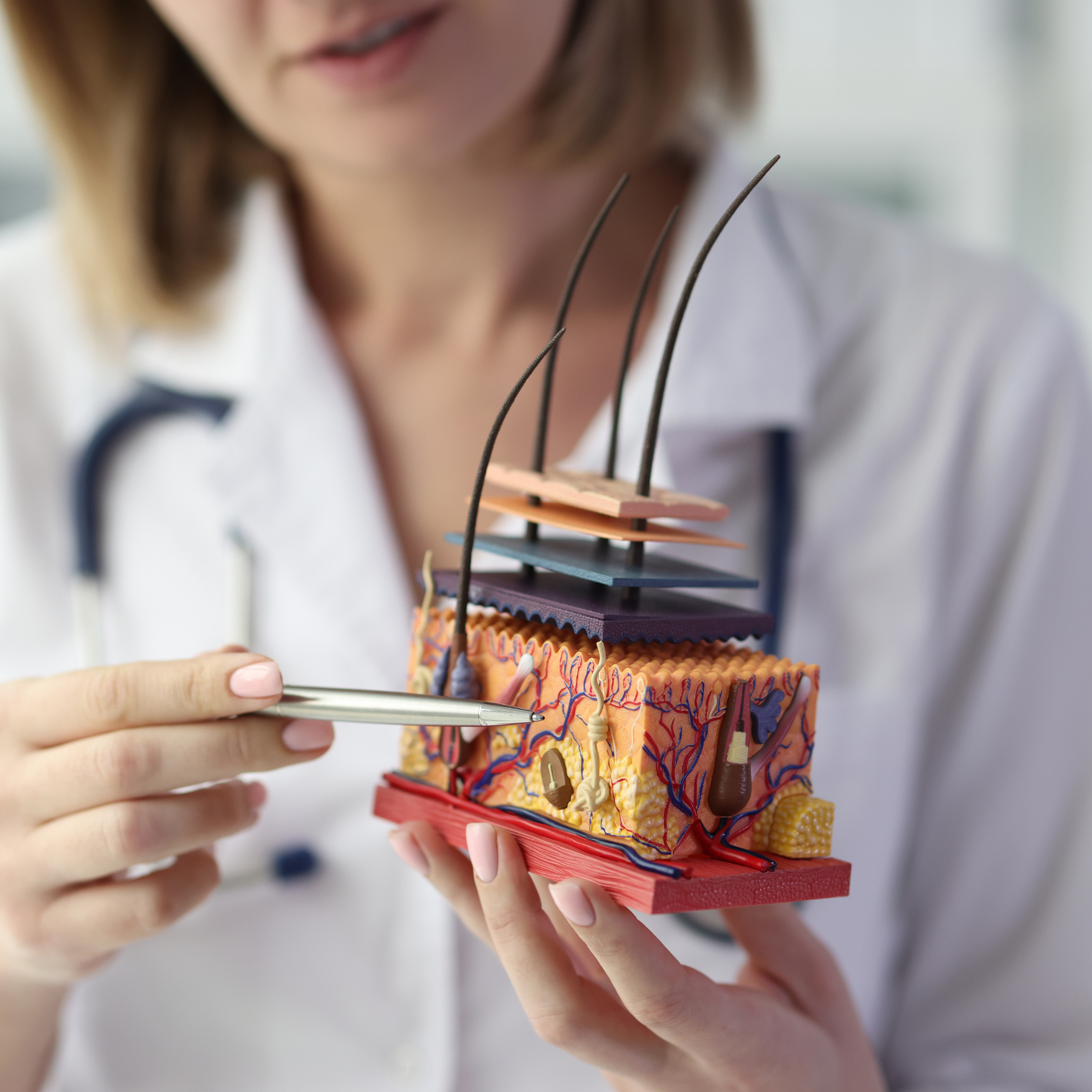 A person in a white lab coat holding a detailed anatomical model of skin layers, with one hand pointing at it using a pen, and a stethoscope visible around their neck.