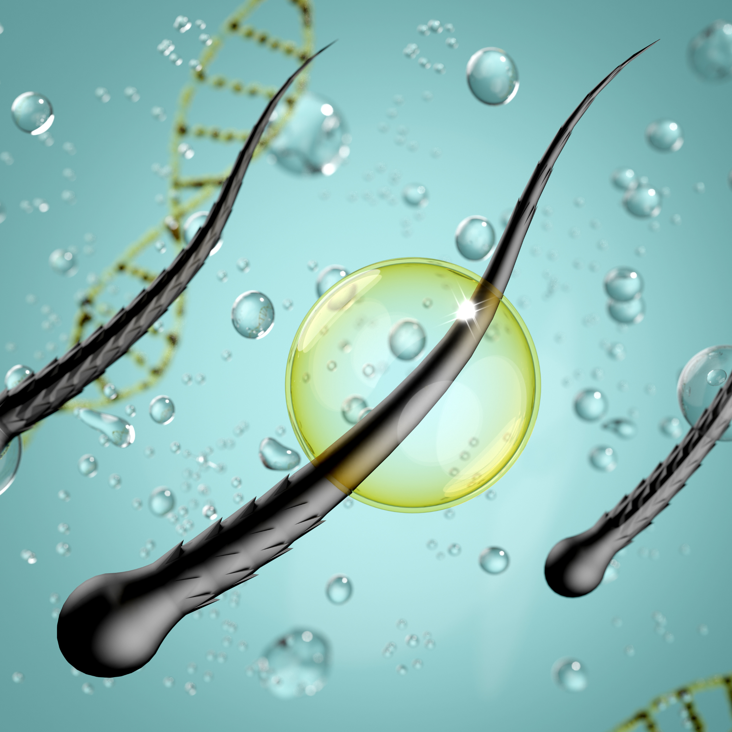 A digital illustration featuring hair strands, a DNA double helix, water droplets, and a glowing yellow orb, set against a light blue background.
