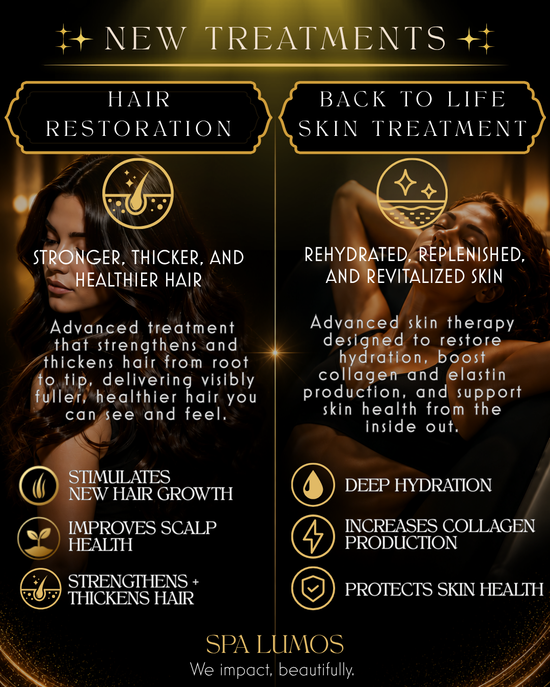 Spa Lumos Hair Transformation and Back to Life treatments graphic featuring advanced hair restoration, hair growth support, scalp health therapy, IV hydration, wellness optimization, energy enhancement, and rejuvenation services.