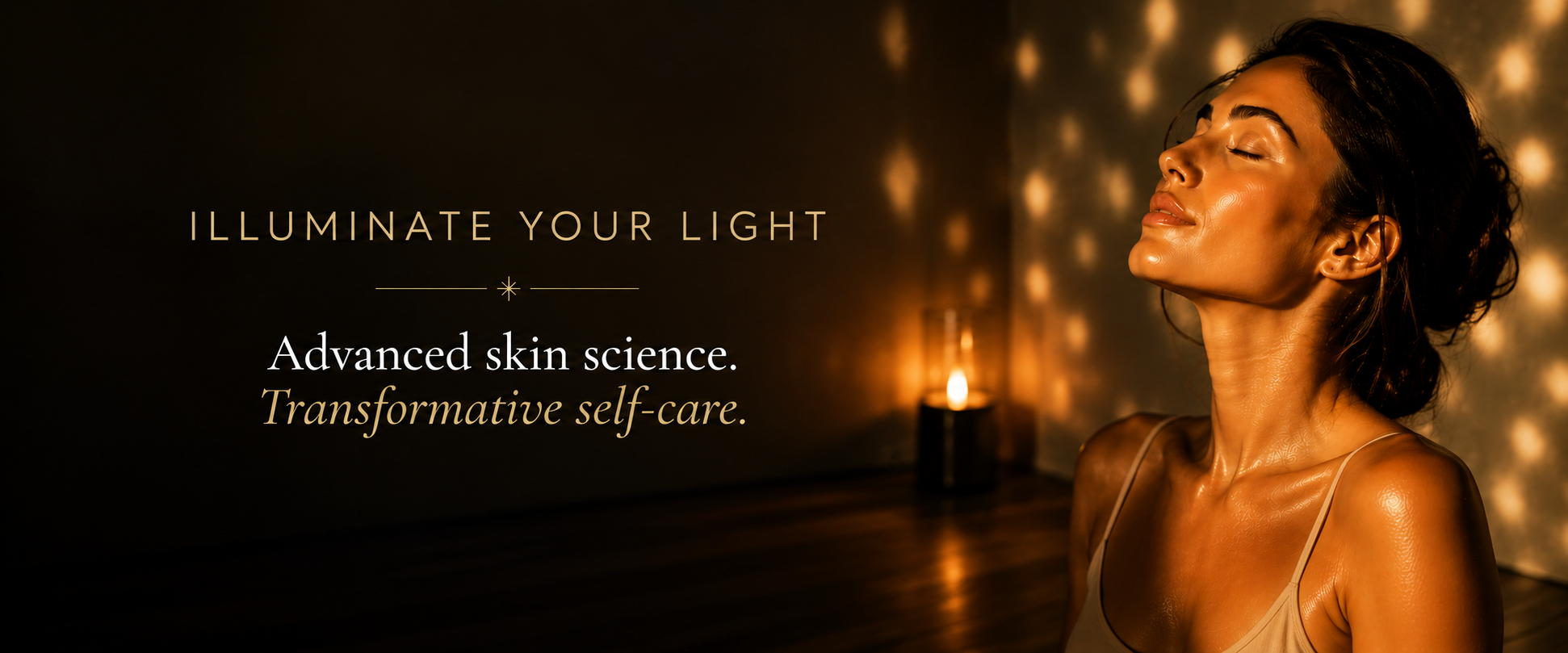 Radiant woman illuminated by warm golden light at Spa Lumos, symbolizing confidence, skin health, advanced skincare, and transformative self-care experiences.