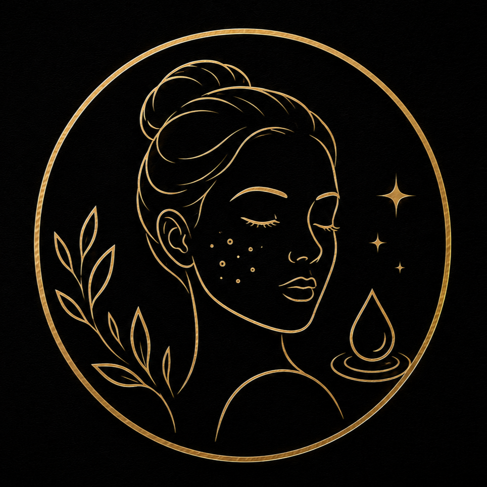 Spa Lumos acne and congestion skincare graphic representing treatments for acne, breakouts, congested pores, oily skin, and skin clarity with luxury gold line art on a black background.