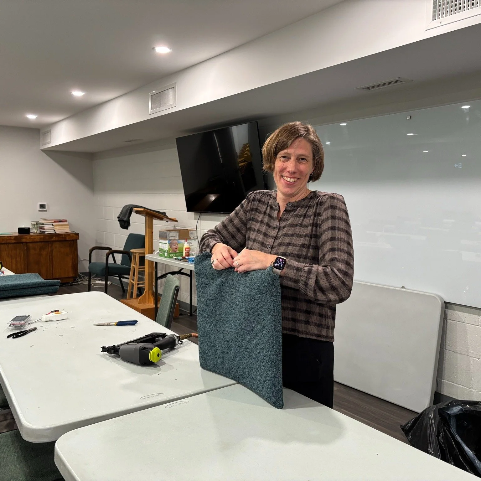 Time for a refresh! Thanks to this awesome crew for helping refinish some of our old chairs for use in the auditorium.