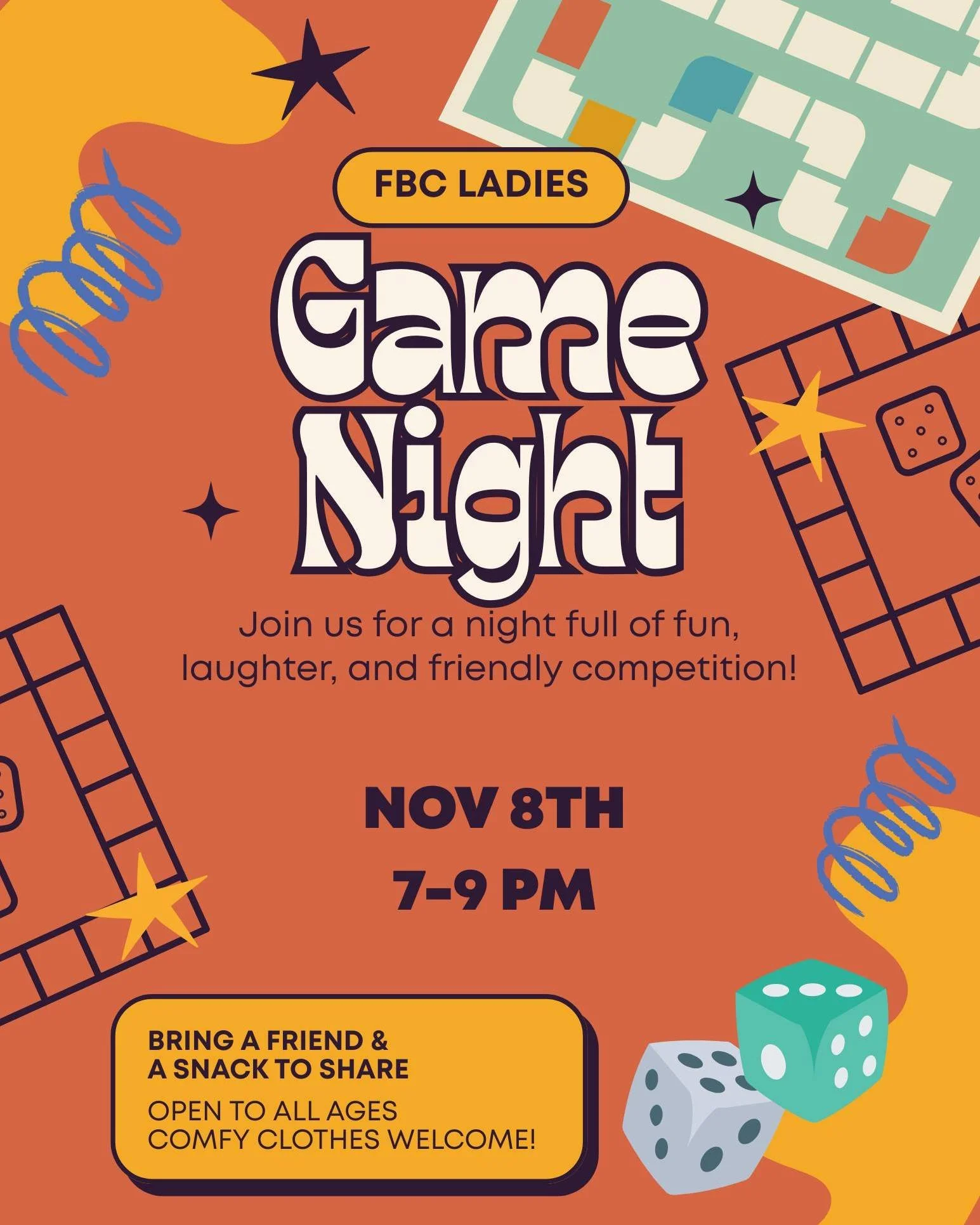 Ladies! Come join us THIS Saturday in the gym for an evening full of fun, laughter, and friendly competition!