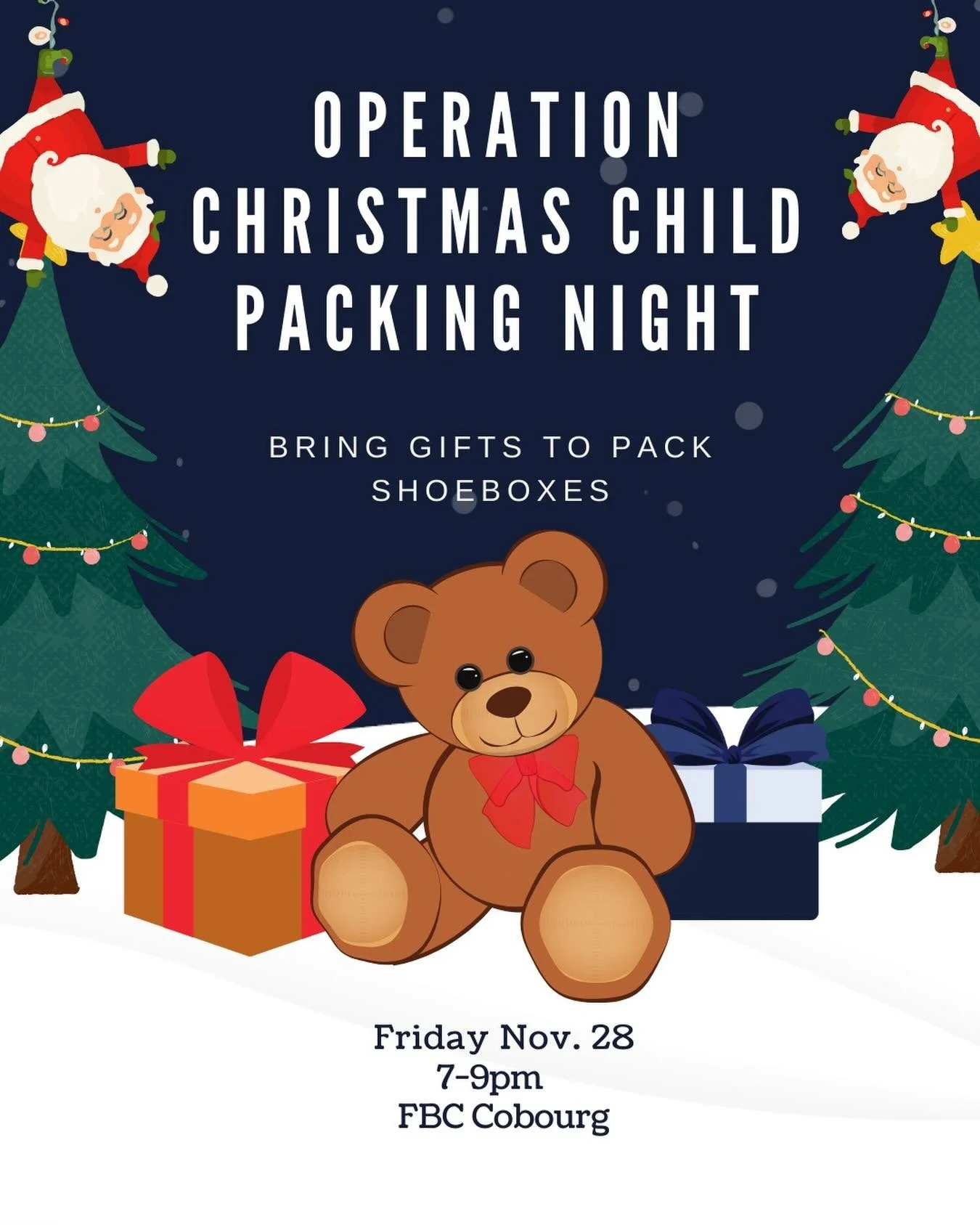 Come pack some shoeboxes for Operation Christmas Child this week! Remember to bring a few gifts to contribute to the boxes!