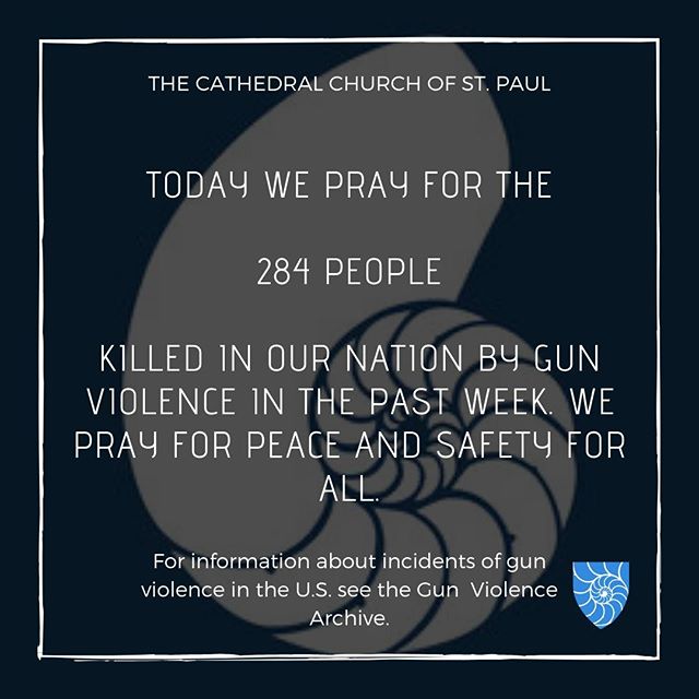 We pray for the 284 people killed in our nation by gun violence in the past week. We pray for peace and safety for the people of our nation and of all nations.