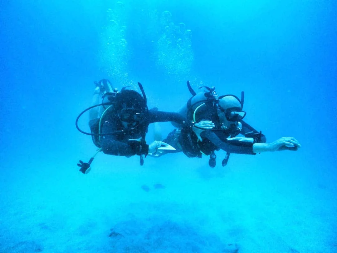A person scuba diving inside a large underwater cave with sunlight streaming through an opening above.