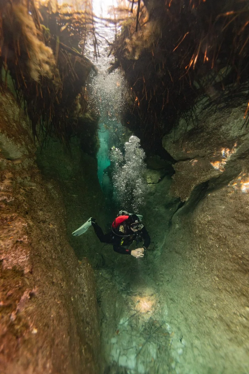 Diver in one of the swim-throughs at casa cenote