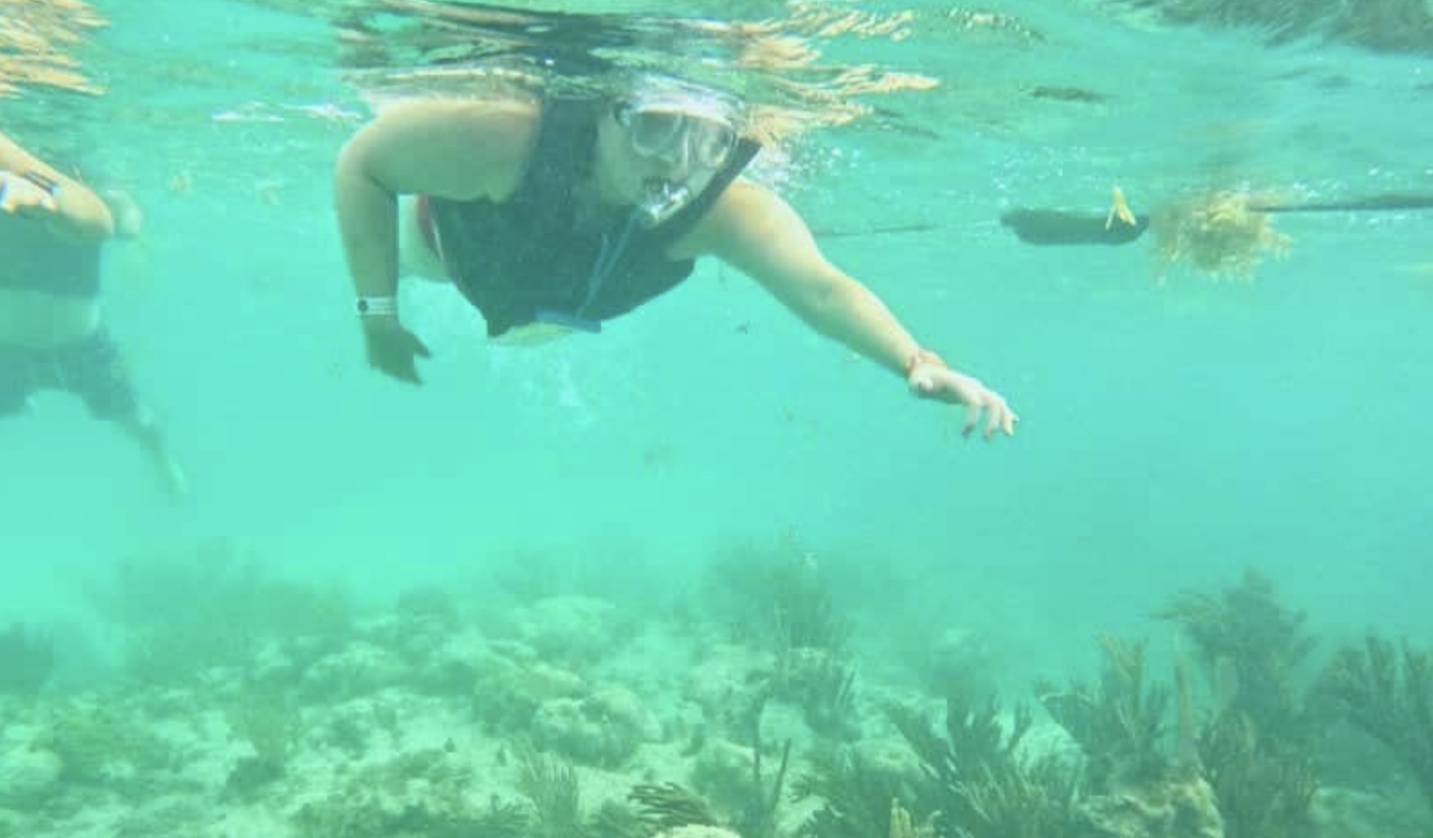 Two scuba divers underwater, wearing black wetsuits and yellow masks, swimming among water reflections and light patterns.