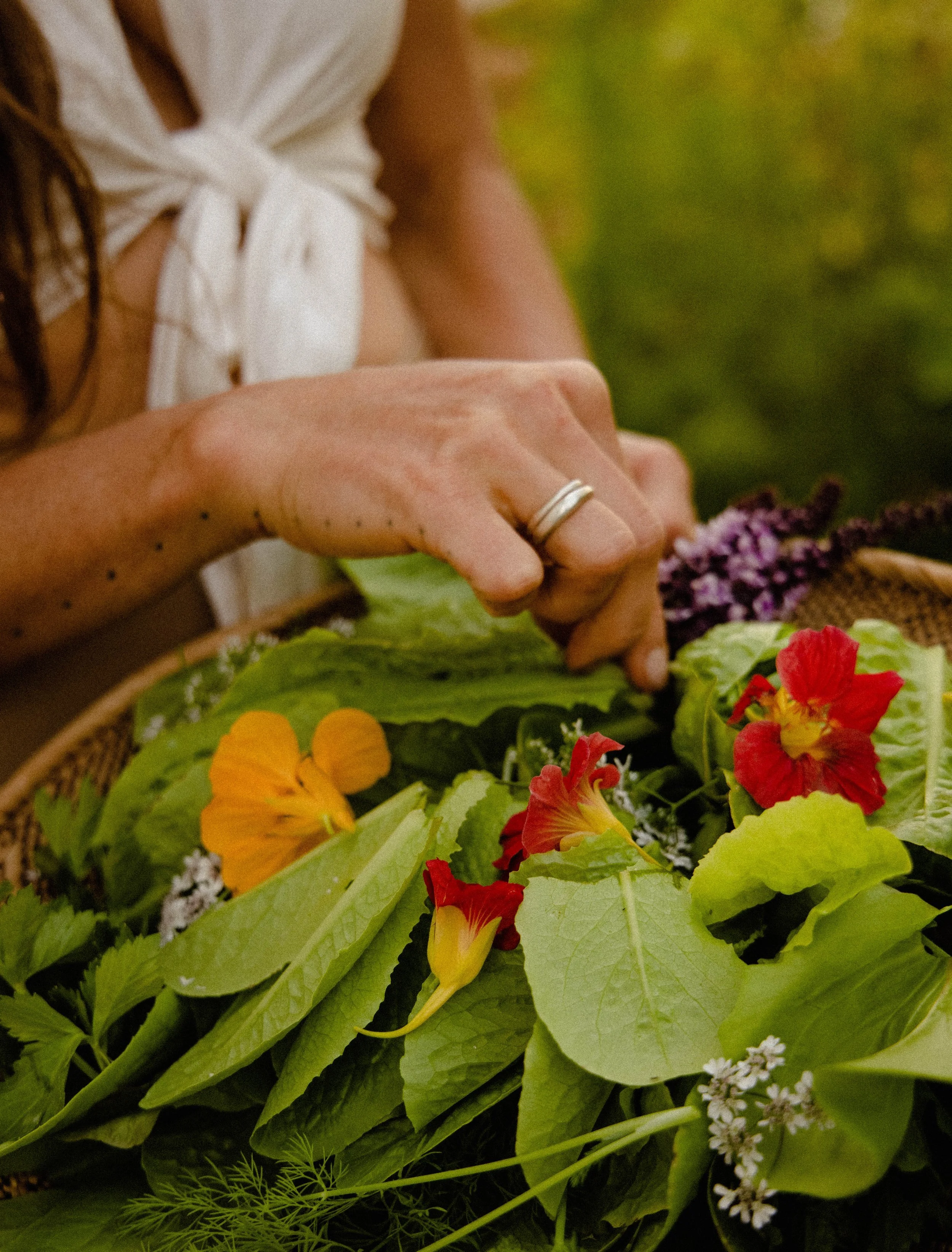 Close-up of a person's hand with a silver ring, arranging colorful flowers and green leaves on a basket.