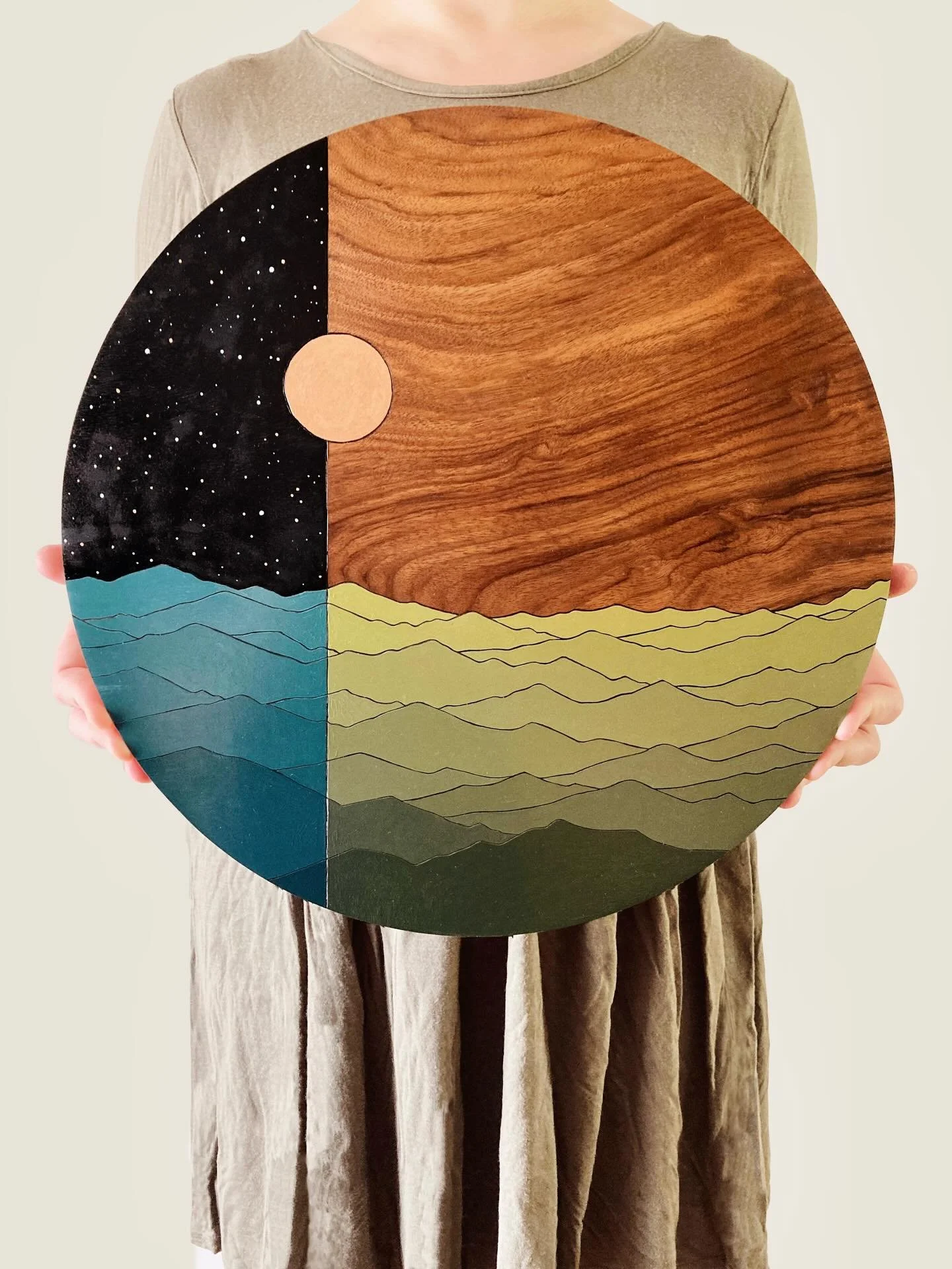 I made this piece last year and sold it at an in-person event a few days later before I ever had a chance to post photos! I loved the walnut grain that makes up the sky on this one! Would you like to see more work in this size soon? 
Handmade from wa