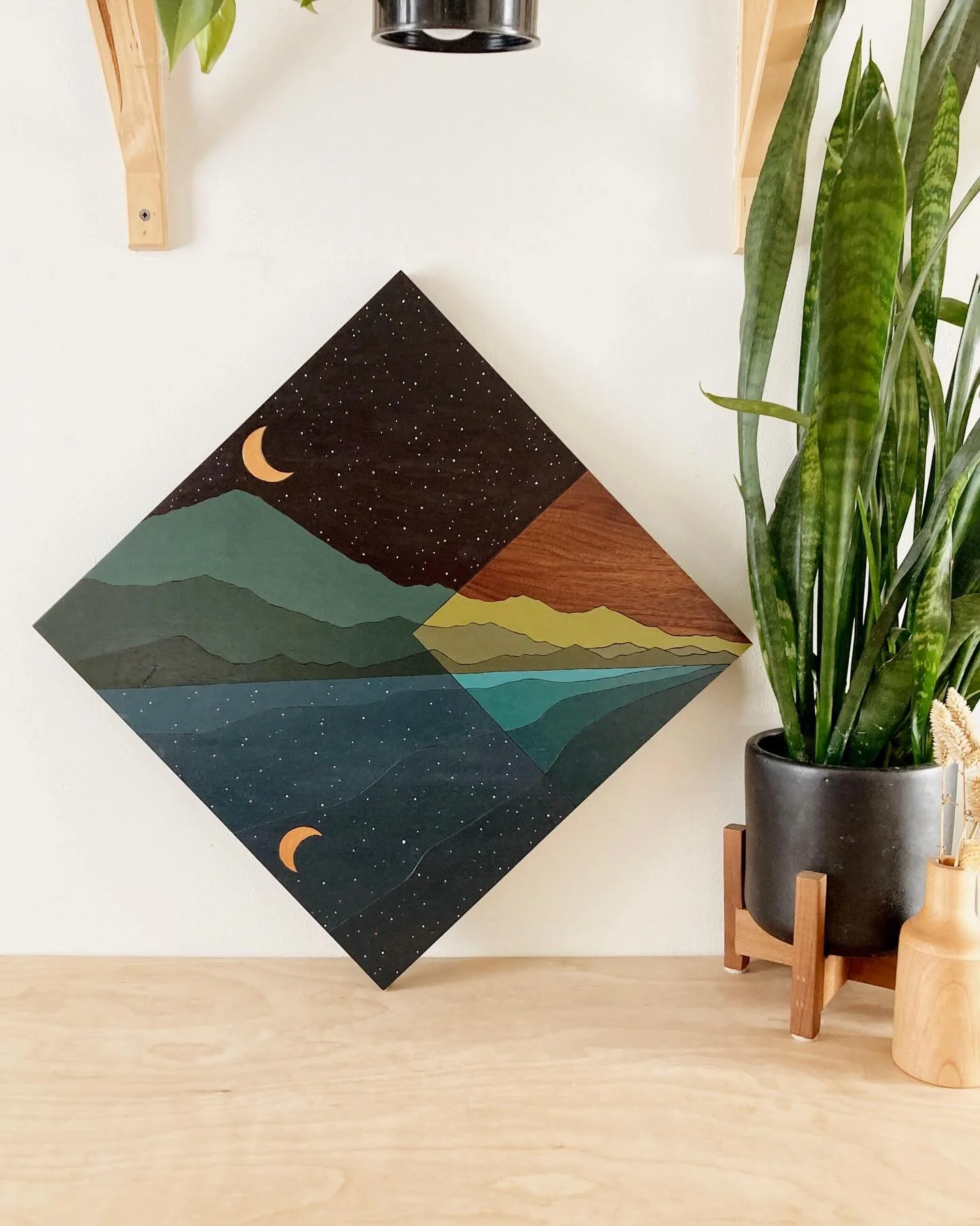 This is one of our newer wall art pieces from this year. It&rsquo;s made from solid walnut and as usual, all the lines are woodburned by hand and then the color is hand painted in watercolor and acrylic. Let me know what you think of this one! It&rsq
