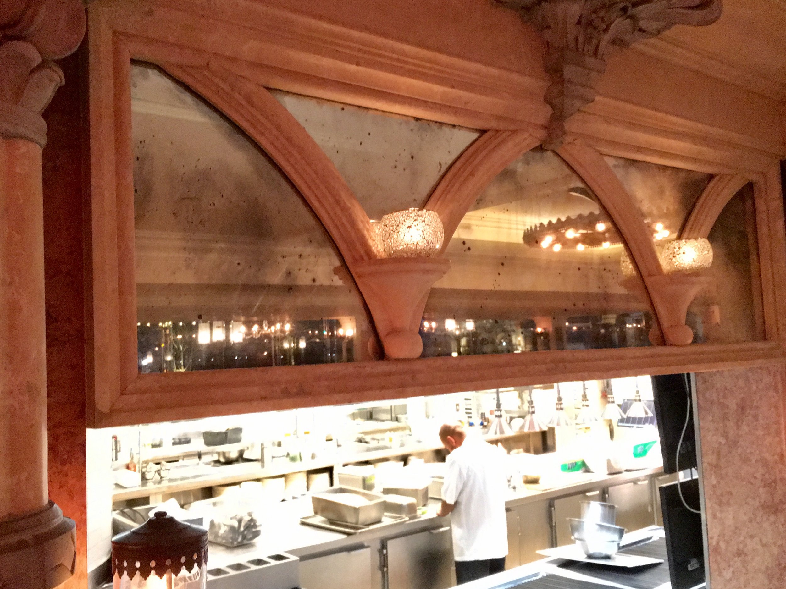 Handsilvered mirrors above open kitchen at Tavern on the Green Restaurant, NYC