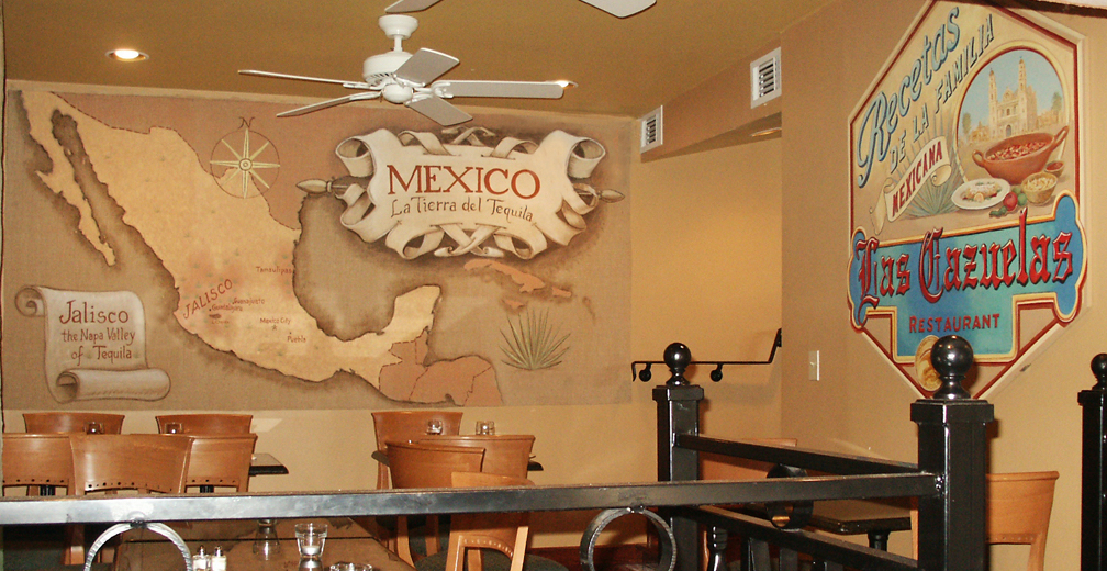 hand painted wall mural and sign Las Cazuelas Restaurant Philadelphia