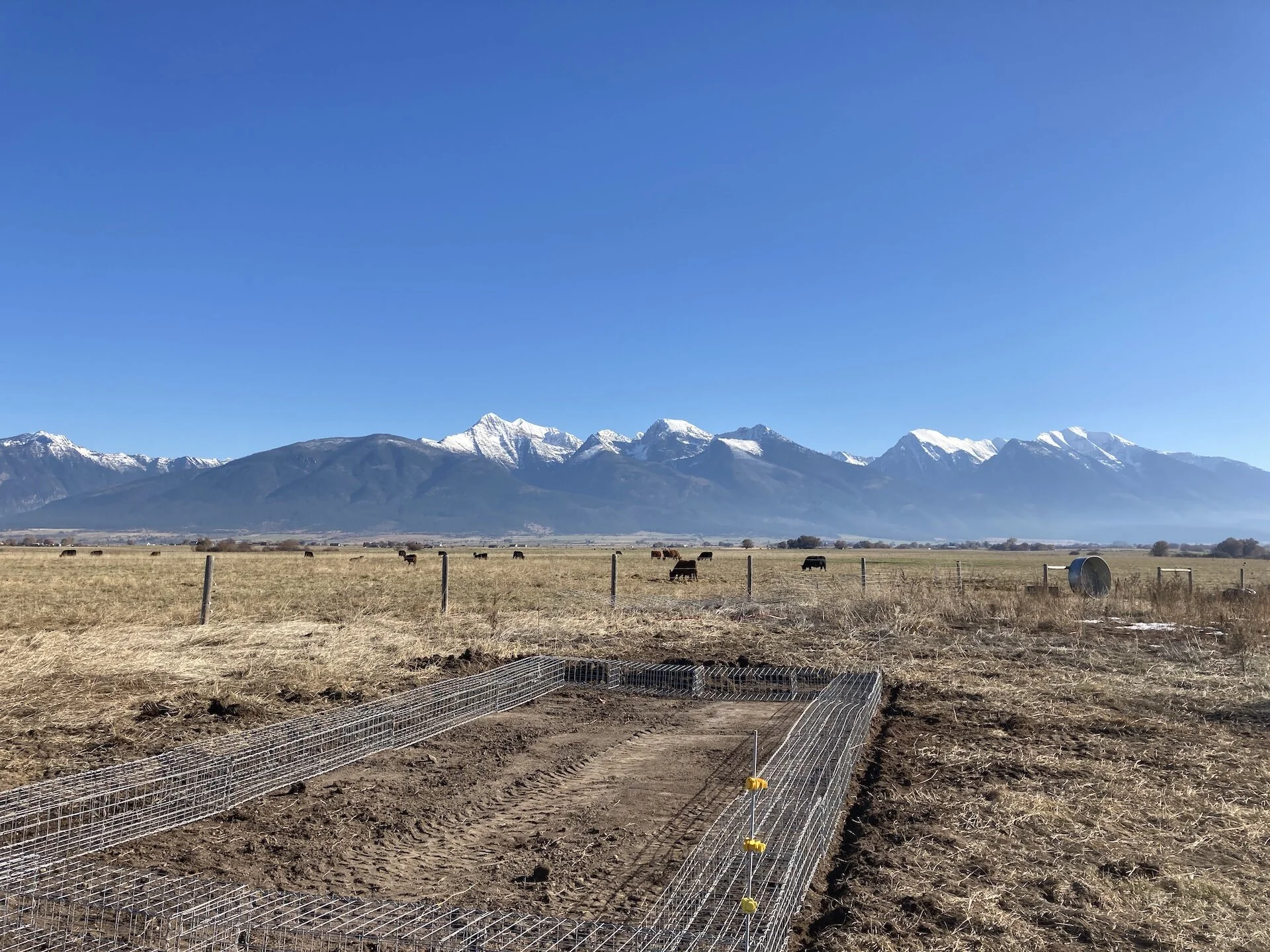  The site has been cleared and leveled.  Gabion cages assembled and put in place to mark out excavation path.  