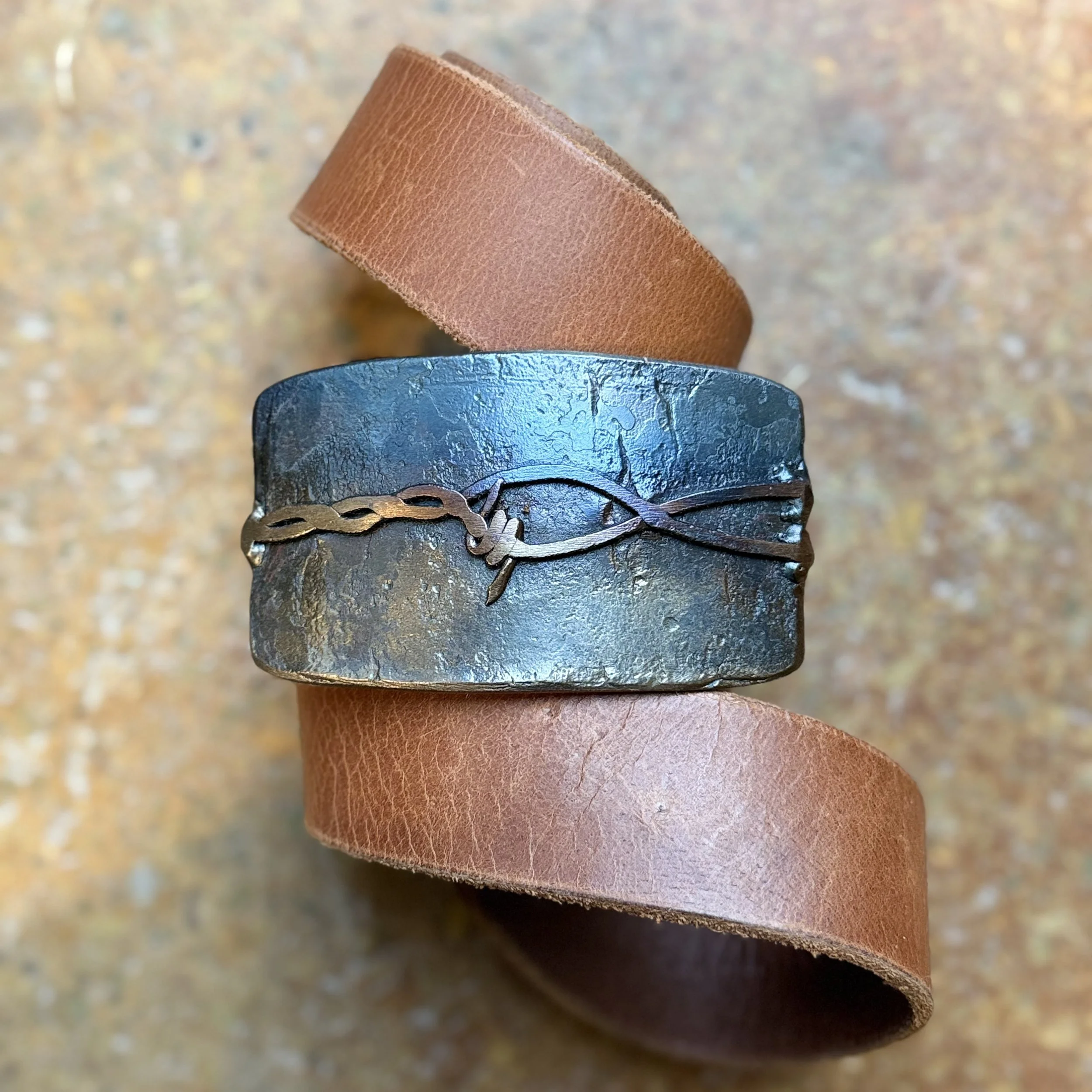 Barbed Wire Over Wrought Iron Belt Buckle