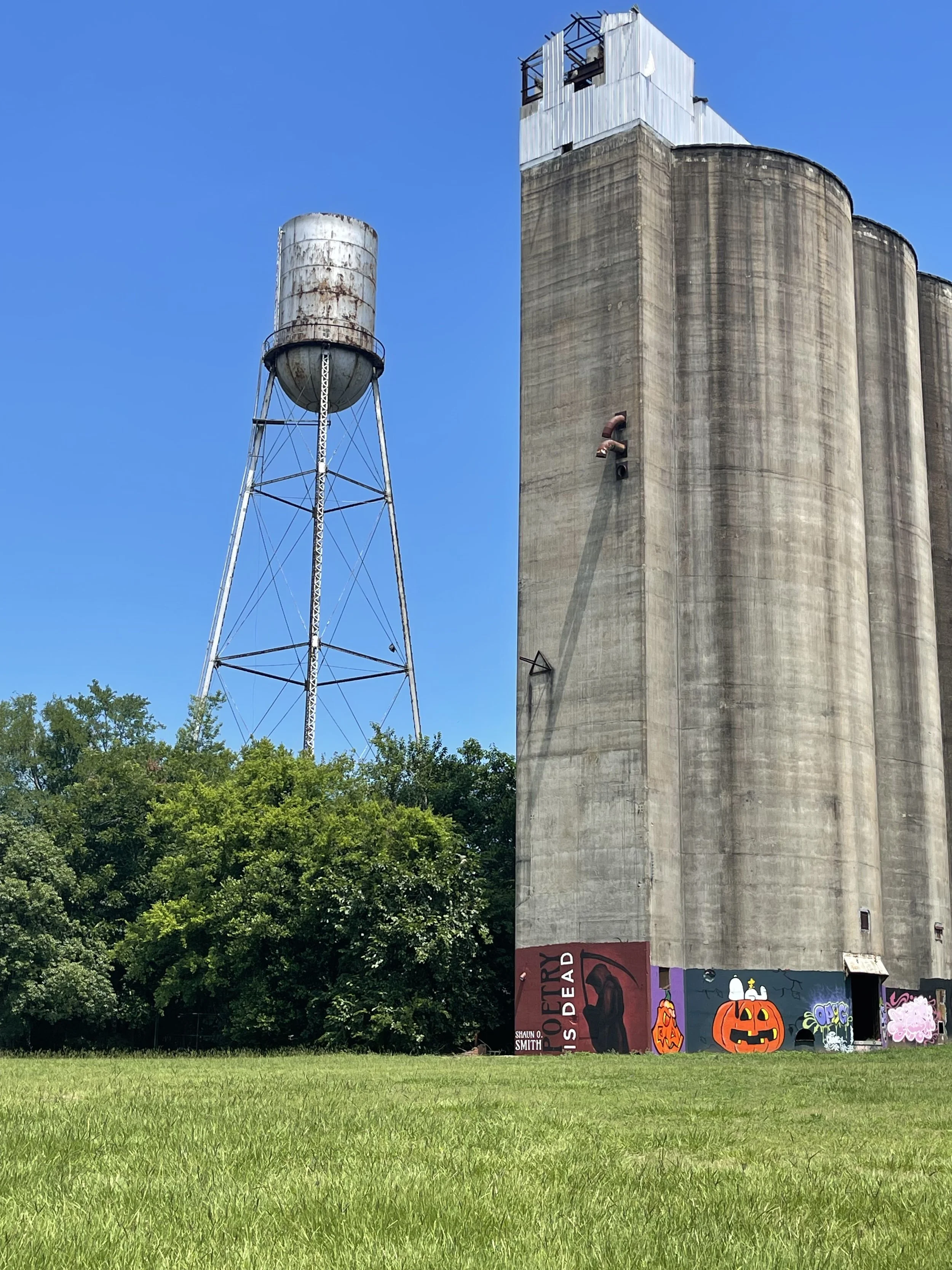 A large concrete grain elevator with graffiti art at the base, alongside an old rusted water tower, with a bright blue sky and green trees in the background.