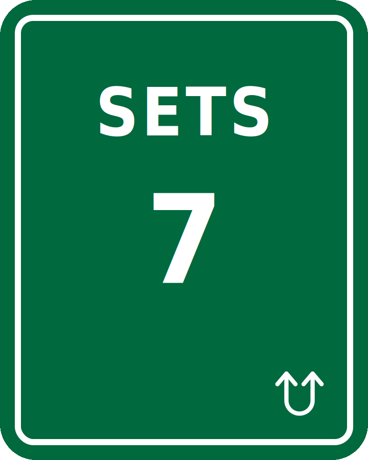 Green road sign indicates upcoming Set 7, with an upward arrow and U-turn symbol at the bottom right corner.