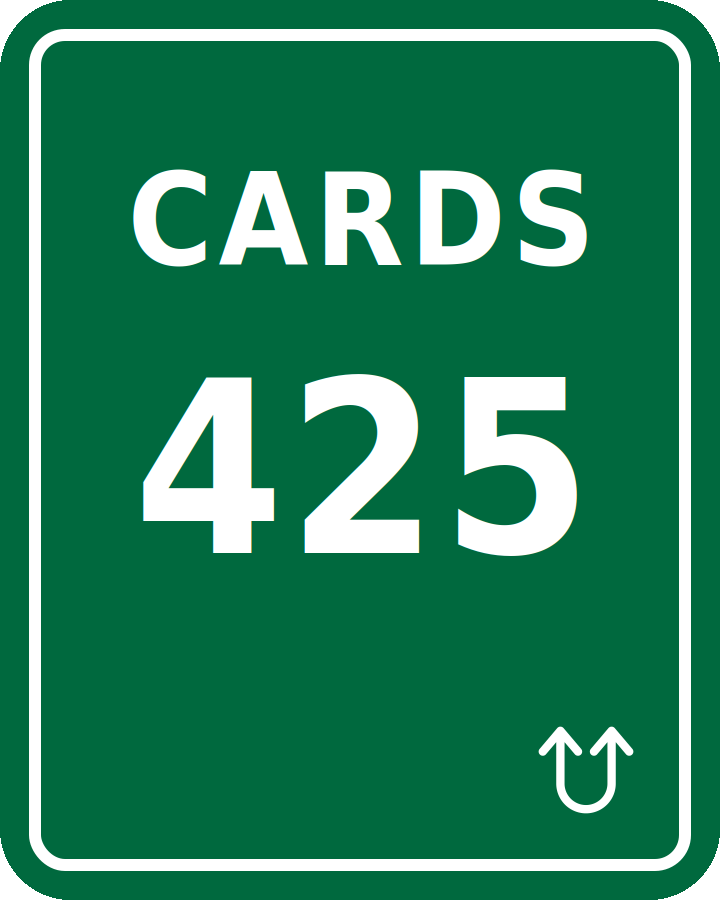 Green highway sign with white border and text that reads "CARDS 425" and an arrow pointing up and to the right.