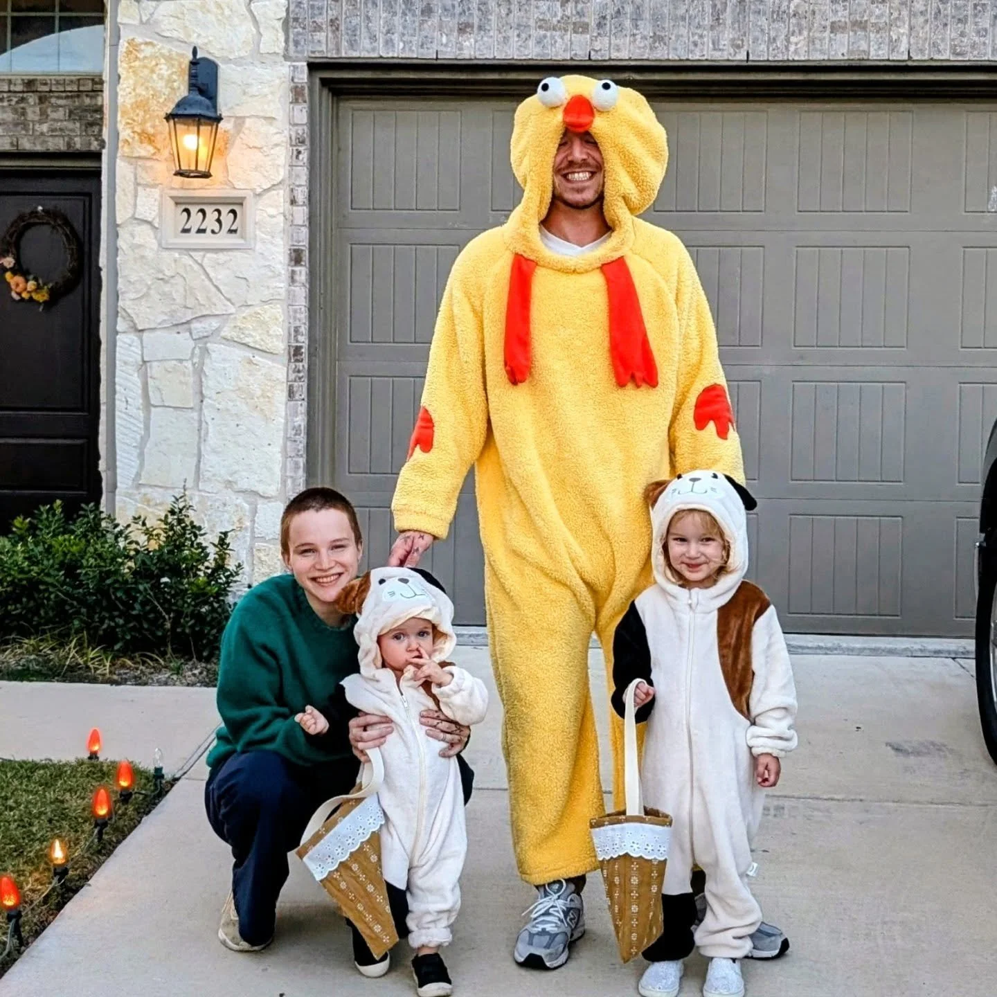 My firstborn chicken &amp; his precious family of kittens. 🐥🐱🐱👶 Happy Halloween! 🎃🎃🎃
