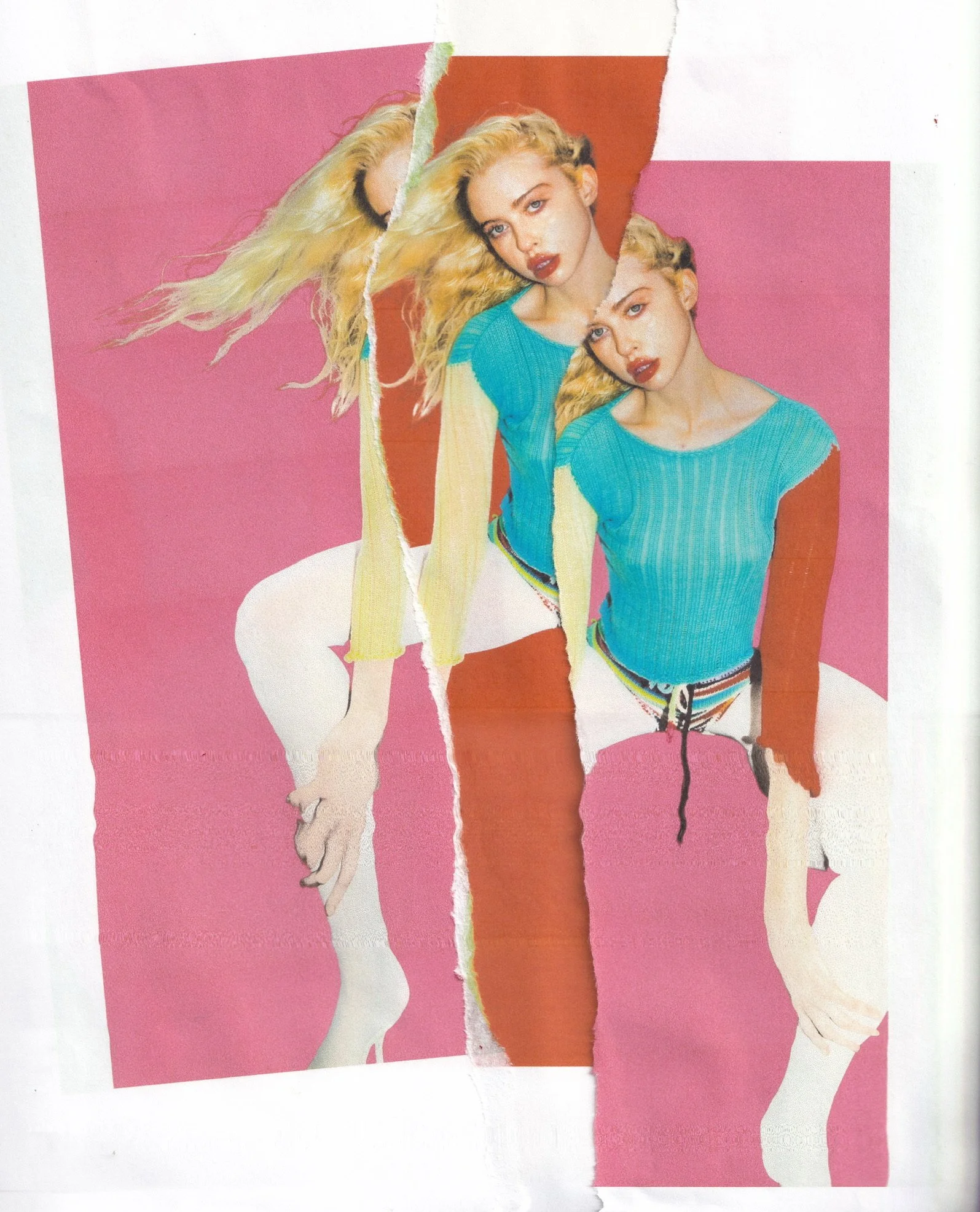 Torn collage photo of a woman with long blonde hair, wearing a turquoise top and white pants, in front of a pink background with patches of orange.
