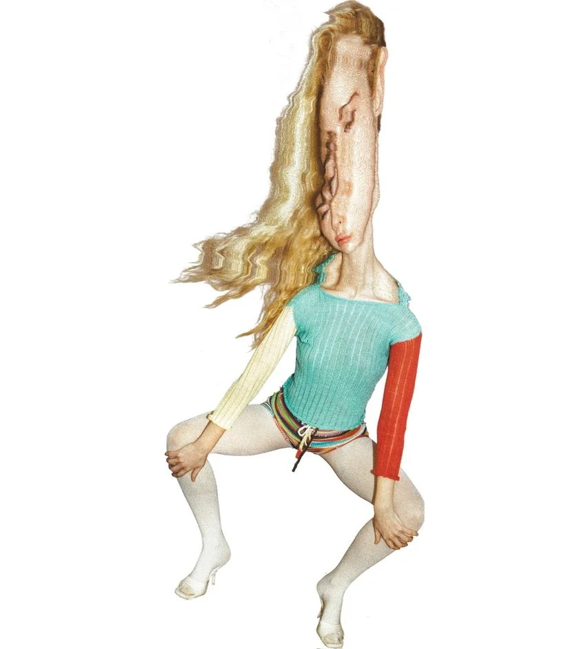 A digitally manipulated image of a woman with a distorted, elongated face, long blonde hair, wearing a multicolored shirt, striped shorts, and white stockings with high heels, posed in a crouching stance.