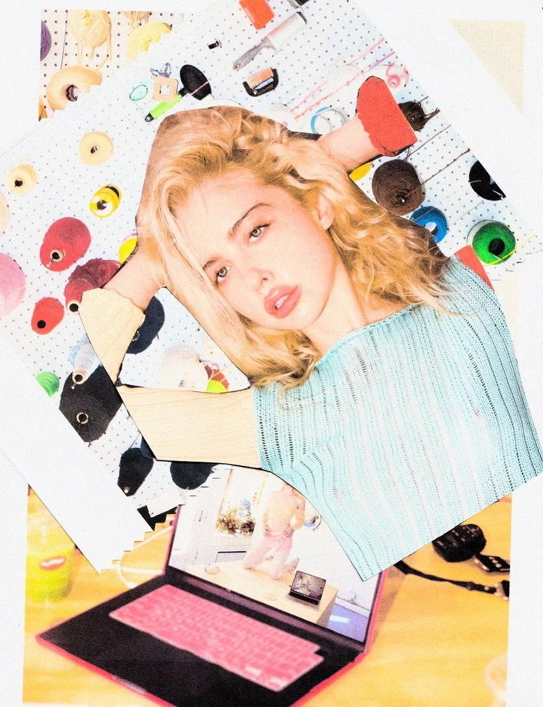 Collage of a woman with blonde hair and blue eyes, surrounded by sewing and crafting materials like spools of thread, a sewing machine, and a laptop on a table.