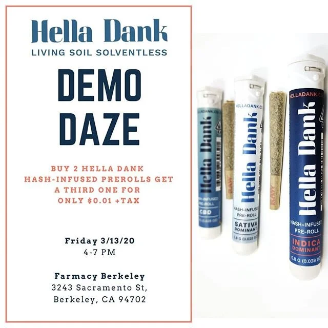 @farmacyberkeley !!!! @helladankigor in-house ! Today from 4-7 pm buy 2 HellaDank prerolls get your third one for a penny! #dank⁣
⁣
Our #hashinfused prerolls are 20% dank ice water hash and 80% dank sungrown flower ⁣
⁣
We only source from living soil