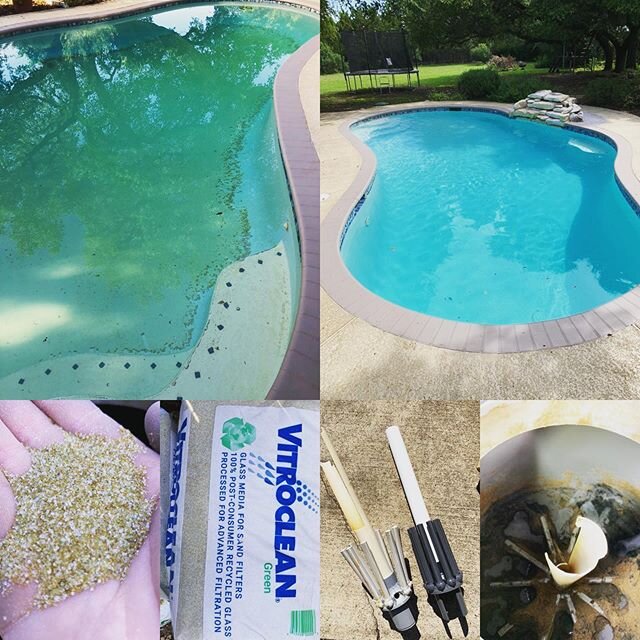 Customer was having trouble getting his pool clear. After a flocculant treatment, vacuum, and sand media change this pool sparkles again! Found a damaged lateral assembly (why the pool wouldn&rsquo;t clear up), and installed new recycled glass filter