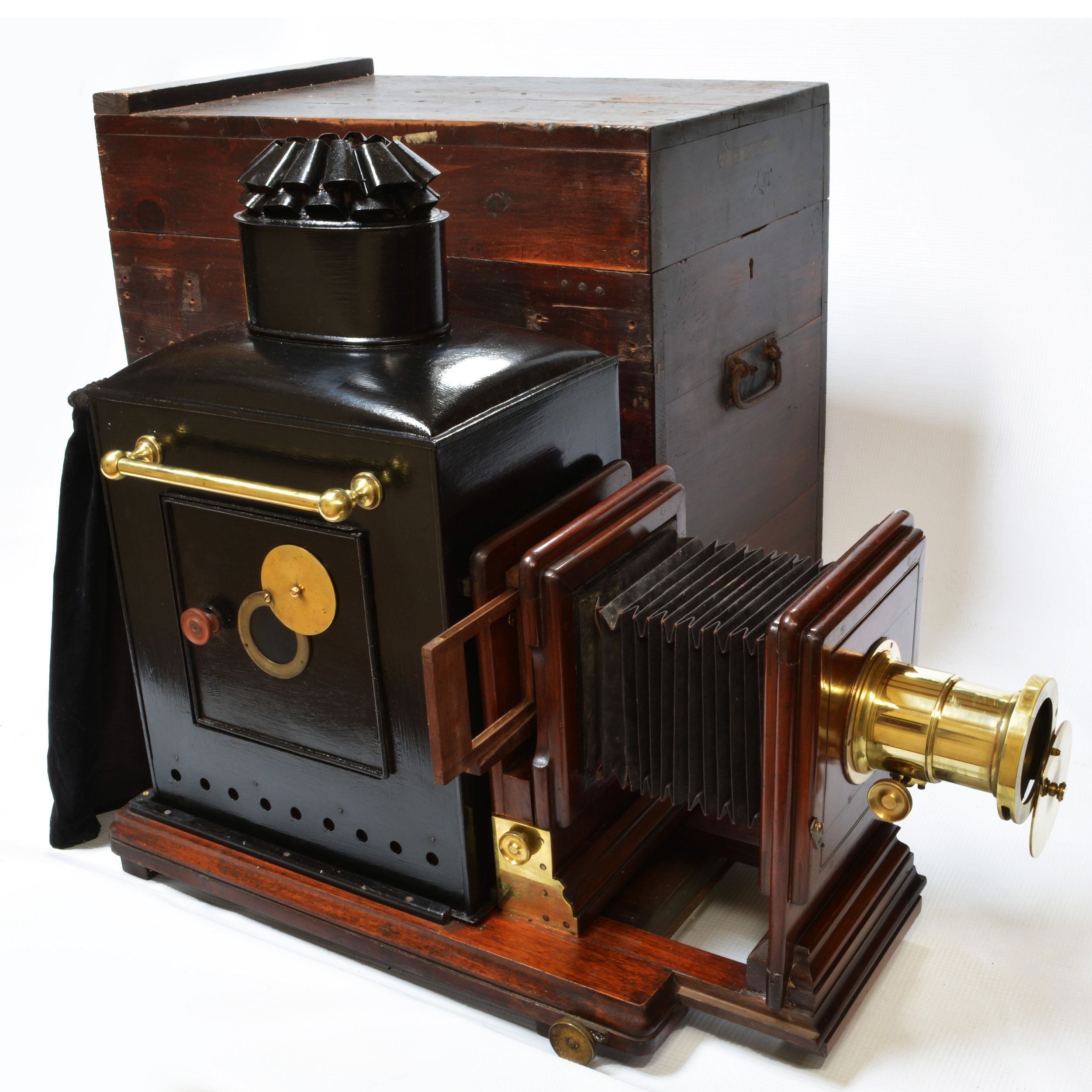 Victorian mahogany and tinplate magic lantern, with bellows extension