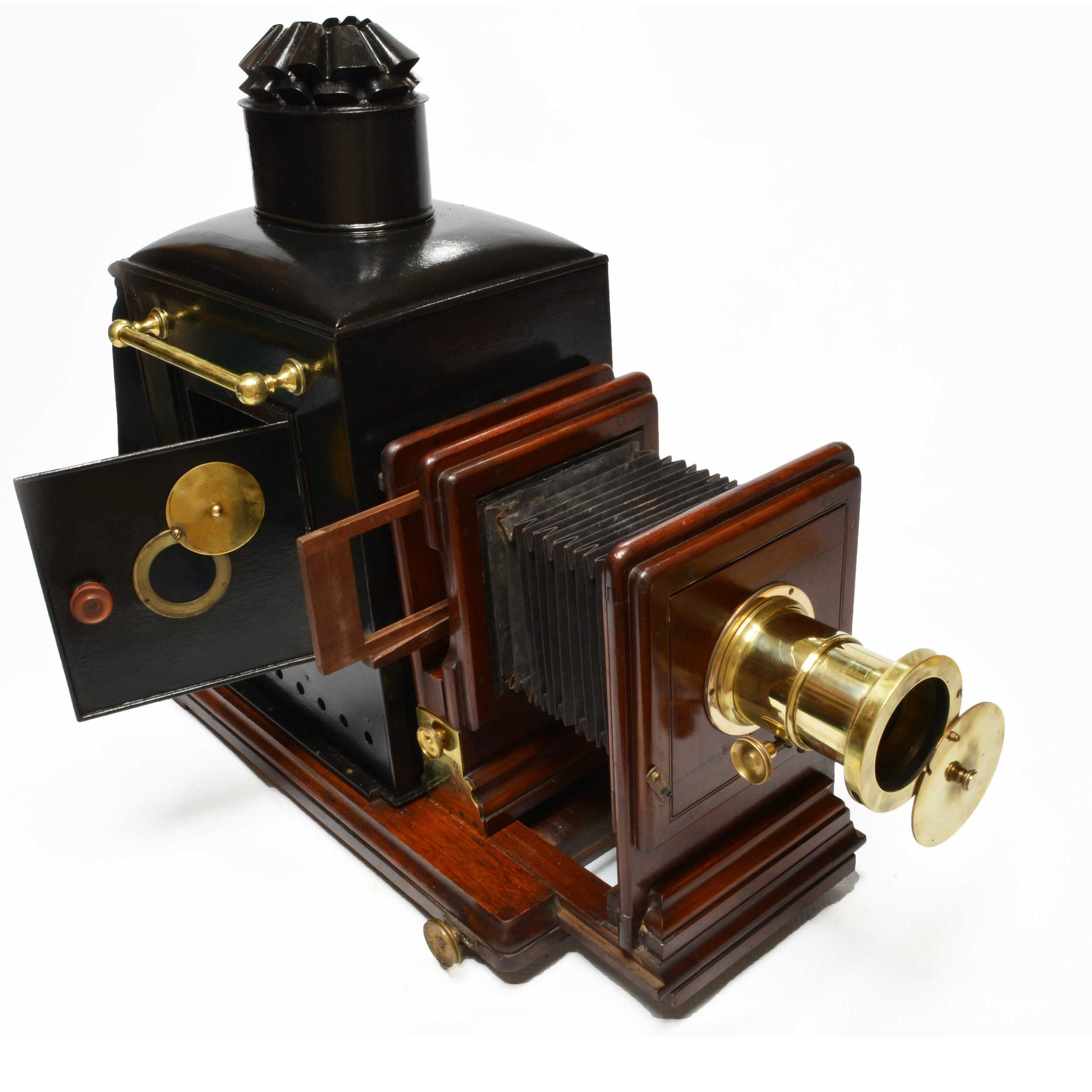Victorian mahogany and tinplate magic lantern, with bellows extension