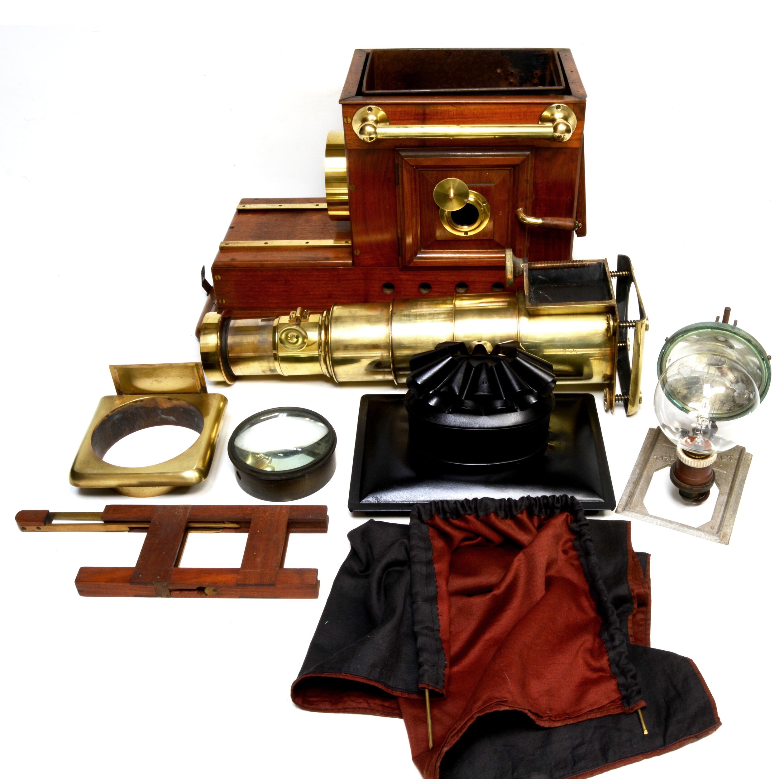 Mahogany and brass magic lantern by W C Hughes of London