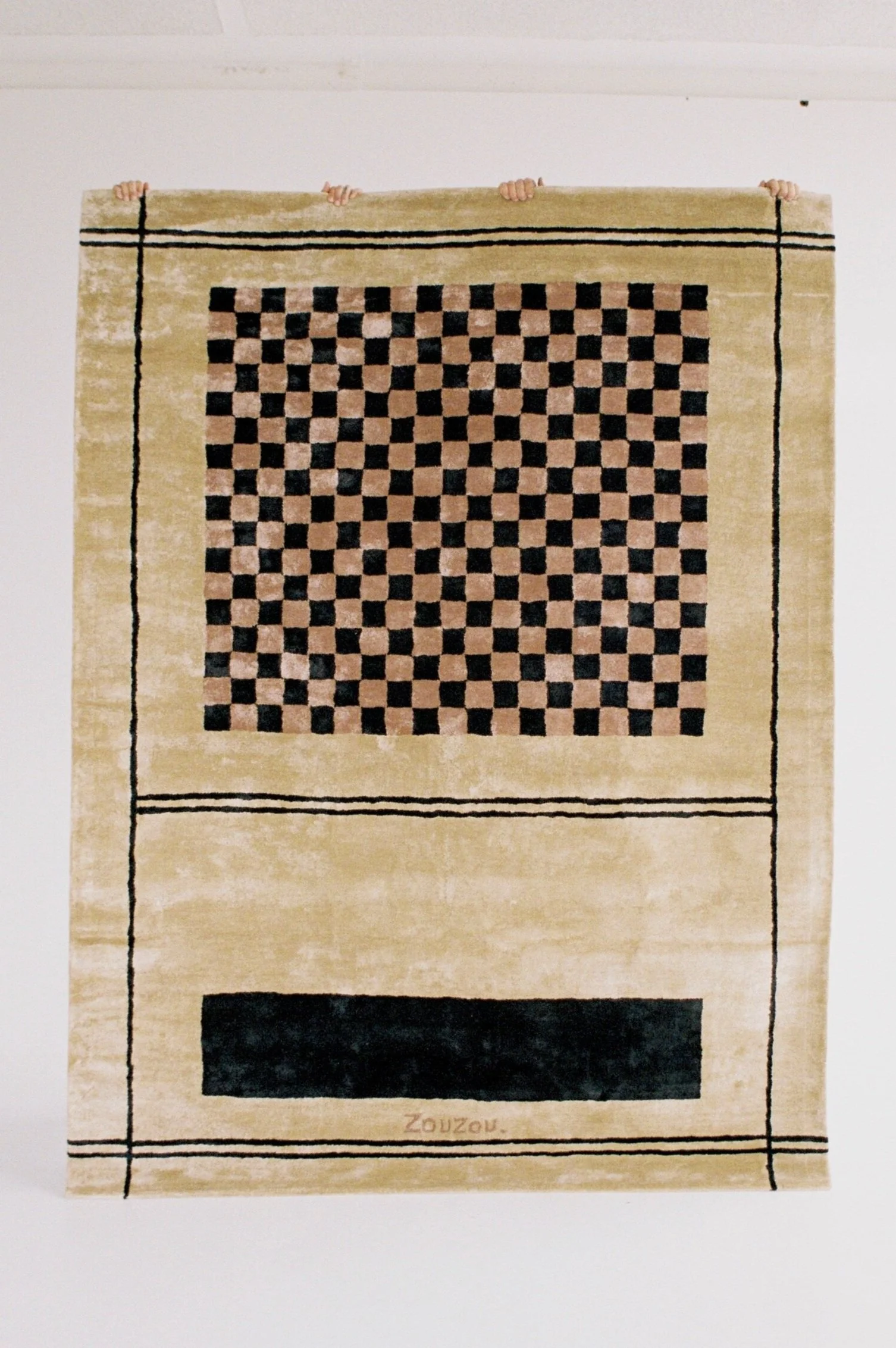 Town Folk Rug by Zouzou Rugs, checkered sculptural shapes in warm tones - hand-tufted modernist design