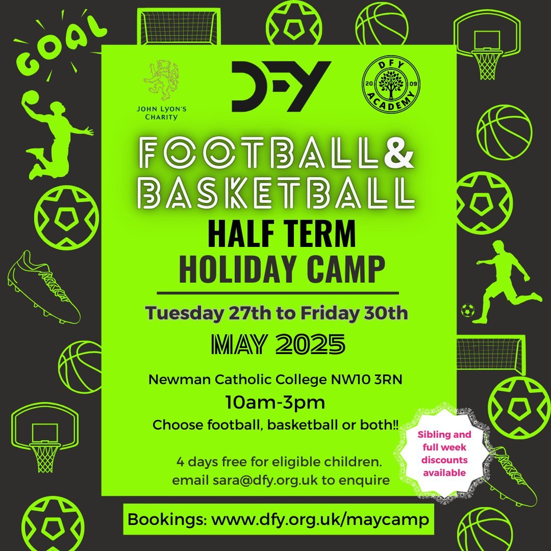 We are excited to be launching our first football and basketball camp during May half term 🏀🌟⚽️
 Expert football and basketball coaching from our DFY Academy professional coaching team. Choose football, basketball, or both! 

Thanks to the generosi