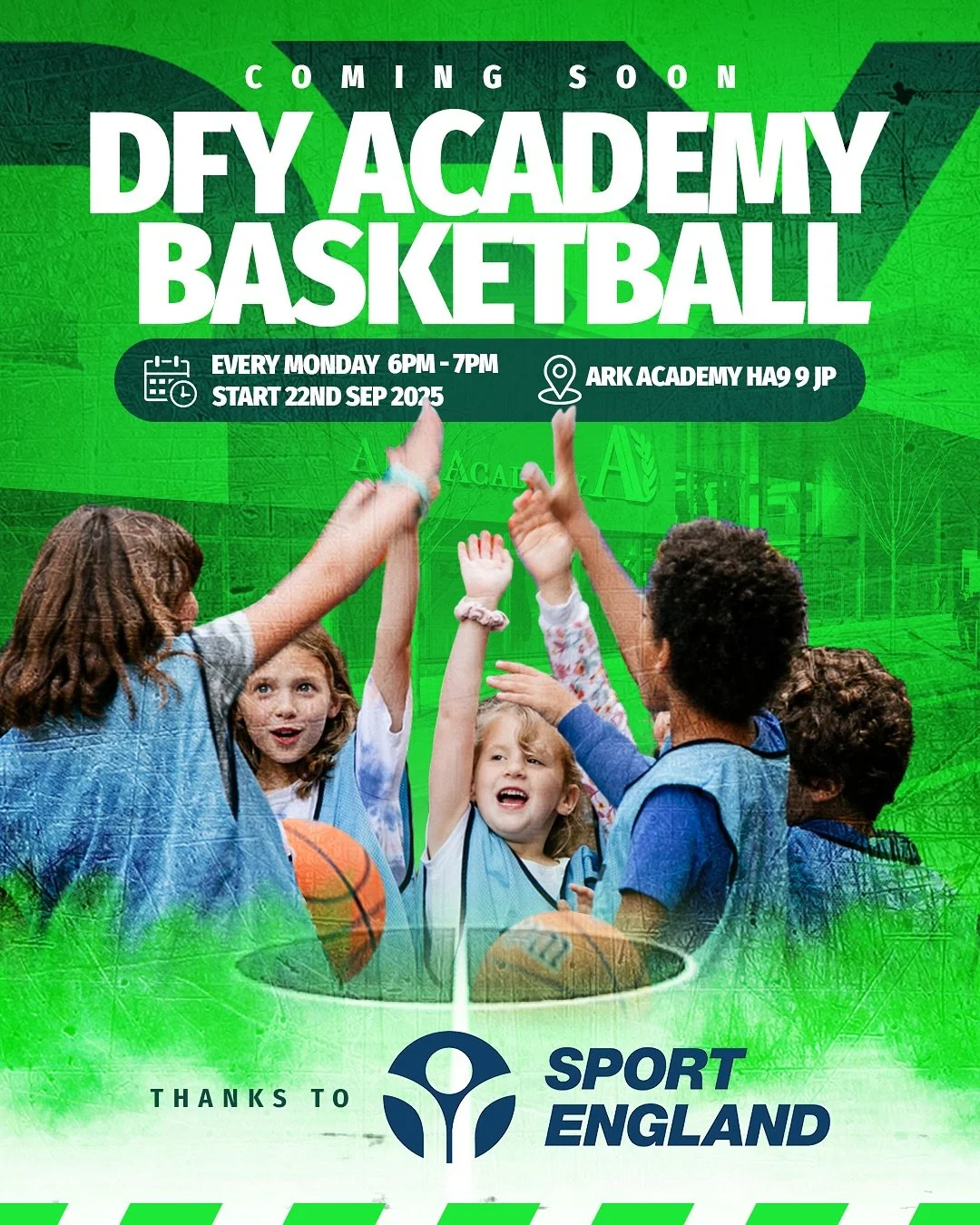 🚨 Just 1 week to go 🚨
DFY Academy Basketball tips off on 22nd September 🏀🔥

👉 Every Monday, 6&ndash;7pm
👉 Ark Academy, HA9 9JP
👉 Open to everyone aged 5&ndash;15
👉 Free for the first 3 months

We&rsquo;ll also celebrate with a Launch Party 🎉