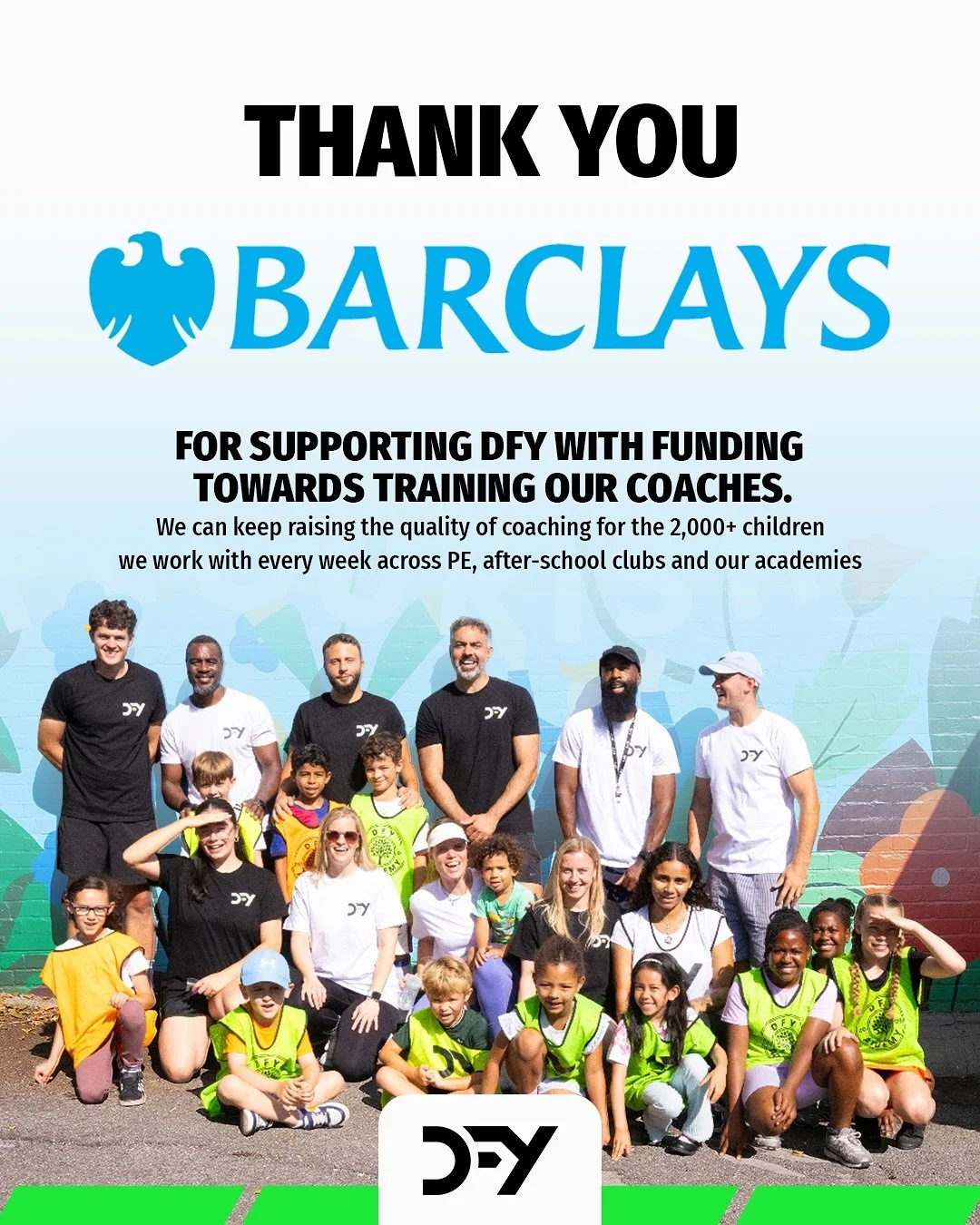 Huge thank you to Barclays 🙌 for supporting DFY with funding towards training our coaches. This means we can keep raising the quality of coaching for the 2,000+ children we work with every week across PE, after-school clubs and our academies ⚽🏀🎾. 