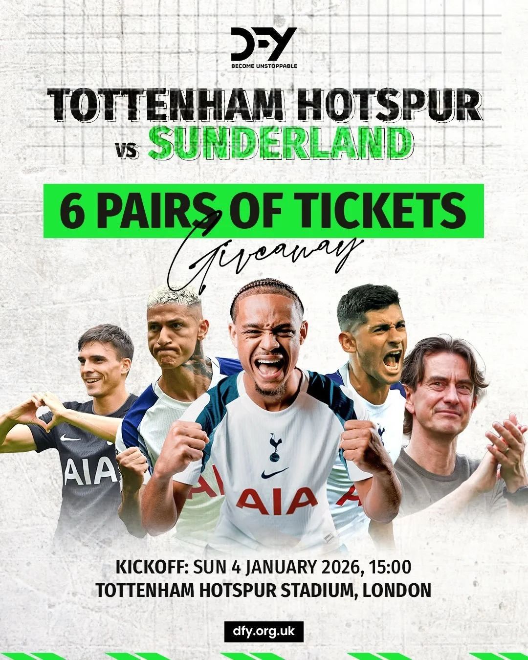 🏟 Tottenham Giveaway is live!

Tottenham Hotspurs vs Sunderland. Sunday 4th Jan. 3pm.
We&rsquo;ve got 6 pairs of tickets &ndash; and you could be there 👀

To enter:
✅ Follow @dfysports
✅ Like this post
✅ Tag 2 friends in the comments who love footb