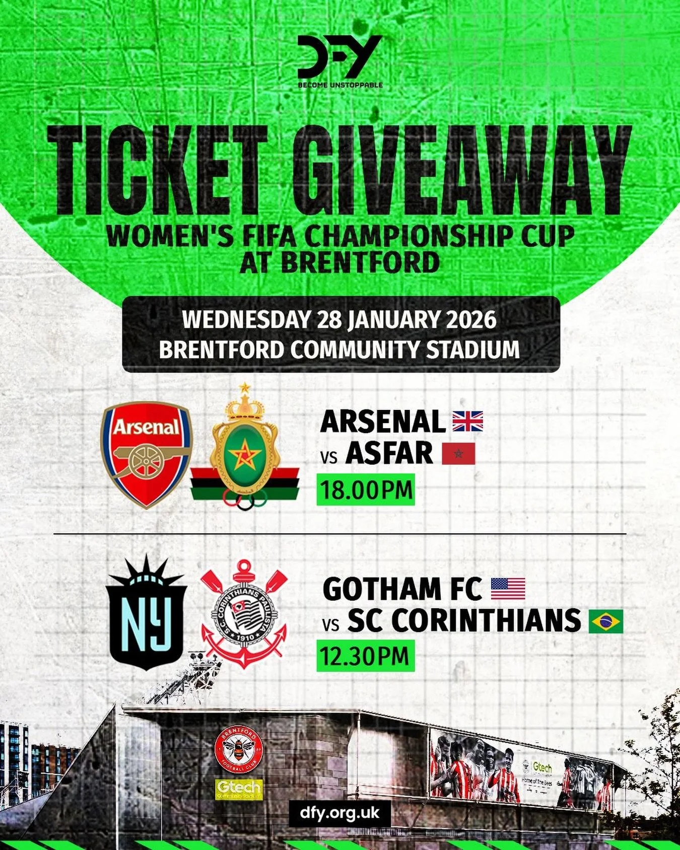 📣 Ticket Giveaway &ndash; FIFA Women&rsquo;s Championship Cup

We are pleased to offer complimentary tickets for the FIFA Women&rsquo;s Championship Cup semi-finals at Brentford Community Stadium on Wednesday 28 January 2026.

⚽️ Semi-Final 1 Arsena