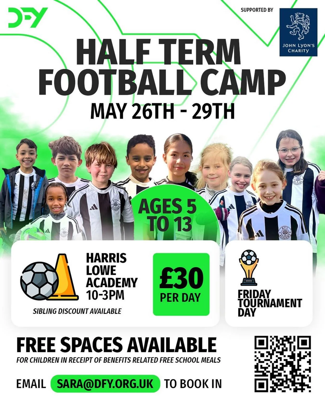 📣We are excited to be opening bookings for our May Half Term Camp! Open to boys and girls, all of our brilliant coaches will be there and it will be a really fun football week ⚽️ 

❤️We have a limited number of free spaces for children in year one a