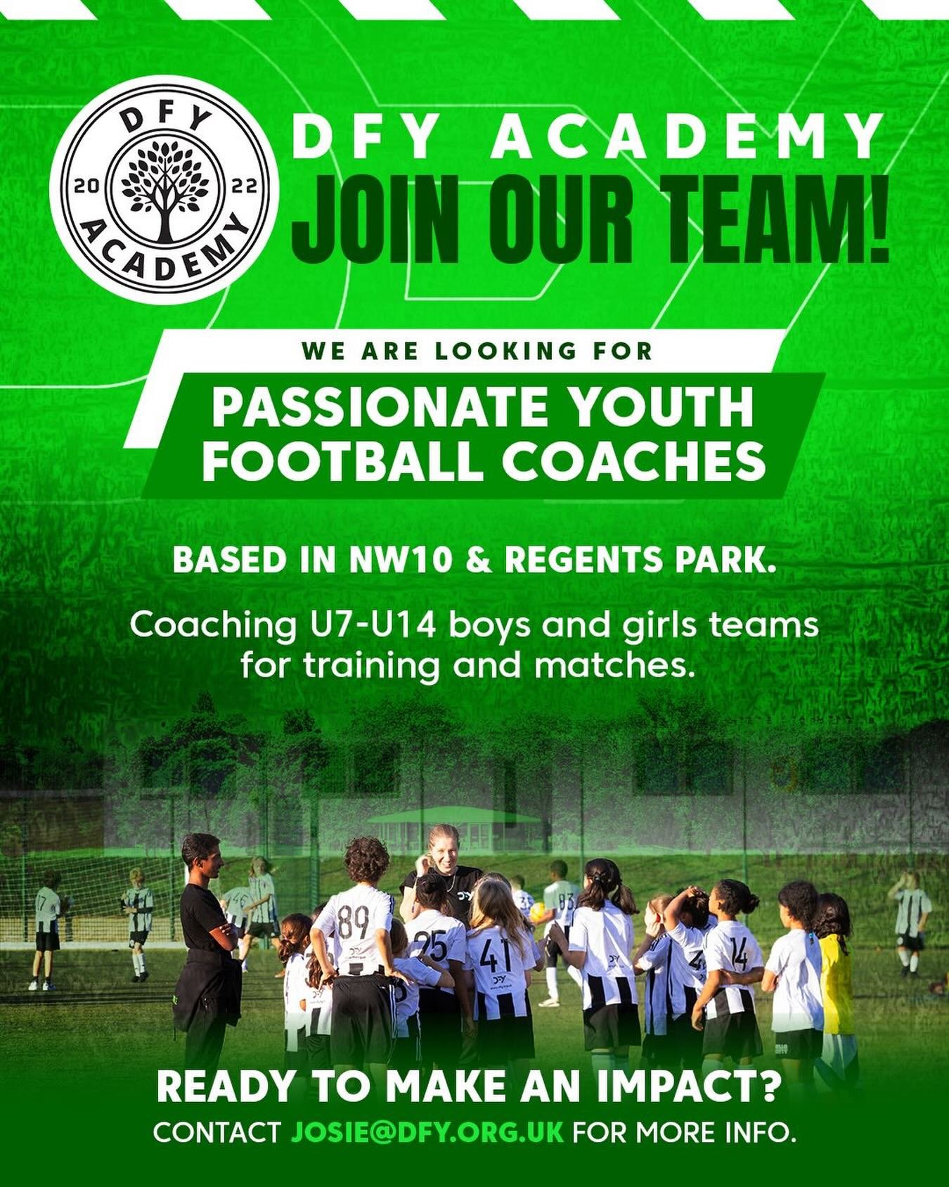 DFY Academy is growing and we are looking for coaches! We are a dynamic and friendly team who coach a brilliant group of kids and are looking for enthusiastic and talented individuals to help them on their football journey ⚽️
Based in the NW6/NW10 ar