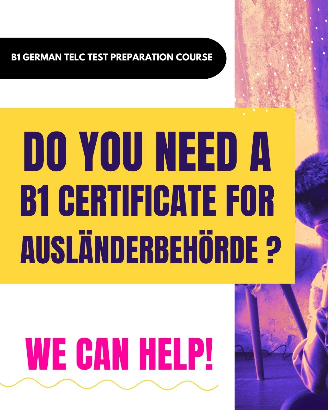 Struggling to navigate the German bureaucracy?

If you need your TELC B1 certificate for the Ausl&auml;nderbeh&ouml;rde but the exam feels like a mystery, we're here to help.

Join our free TELC Info Evening to get all the clarity you need. 

We'll d