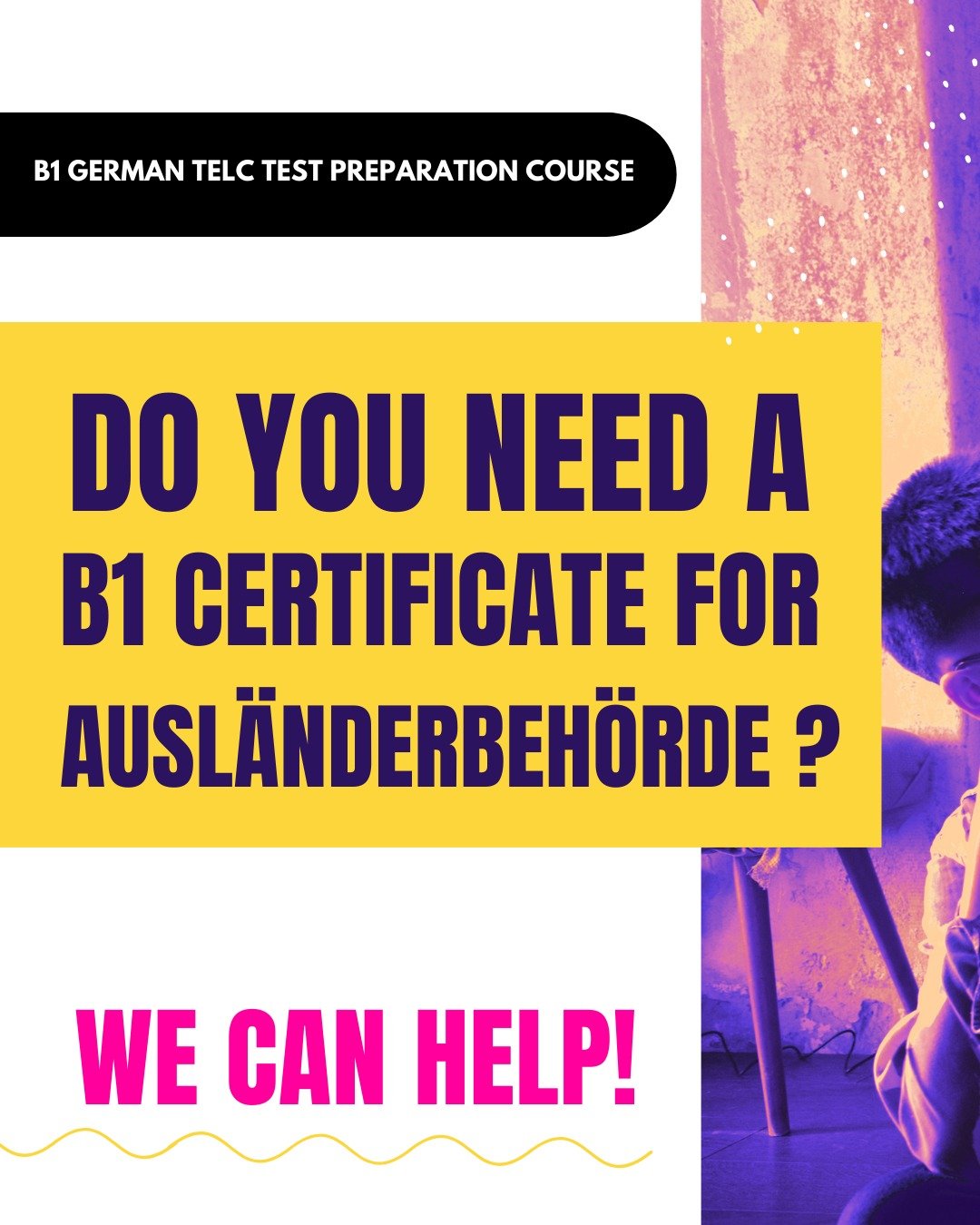 Struggling to navigate the German bureaucracy?

If you need your TELC B1 certificate for the Ausl&auml;nderbeh&ouml;rde but the exam feels like a mystery, we're here to help.

Join our free TELC Info Evening to get all the clarity you need. 

We'll d