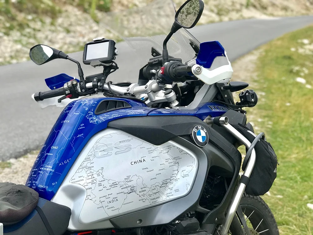 BMW R1200 1250 GS LC ADVENTURE 2014 Onwards BMW World Stickers and Decals On A Adventure Road Side Right View Stunning Look White Map Transparent Decals On Blue And Side Tanks On Black